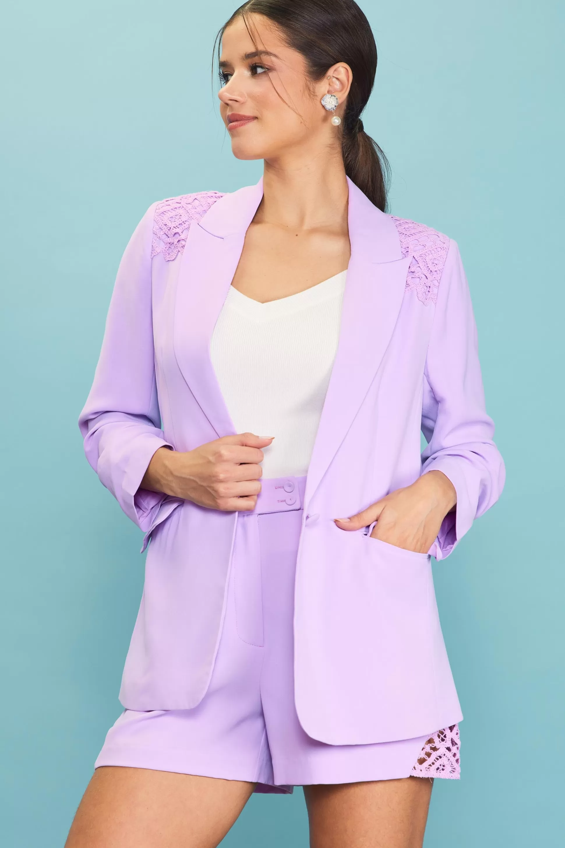 SKIES ARE BLUE Blazers>Crochet Trim Shirred Sleeve Blazer Lavender