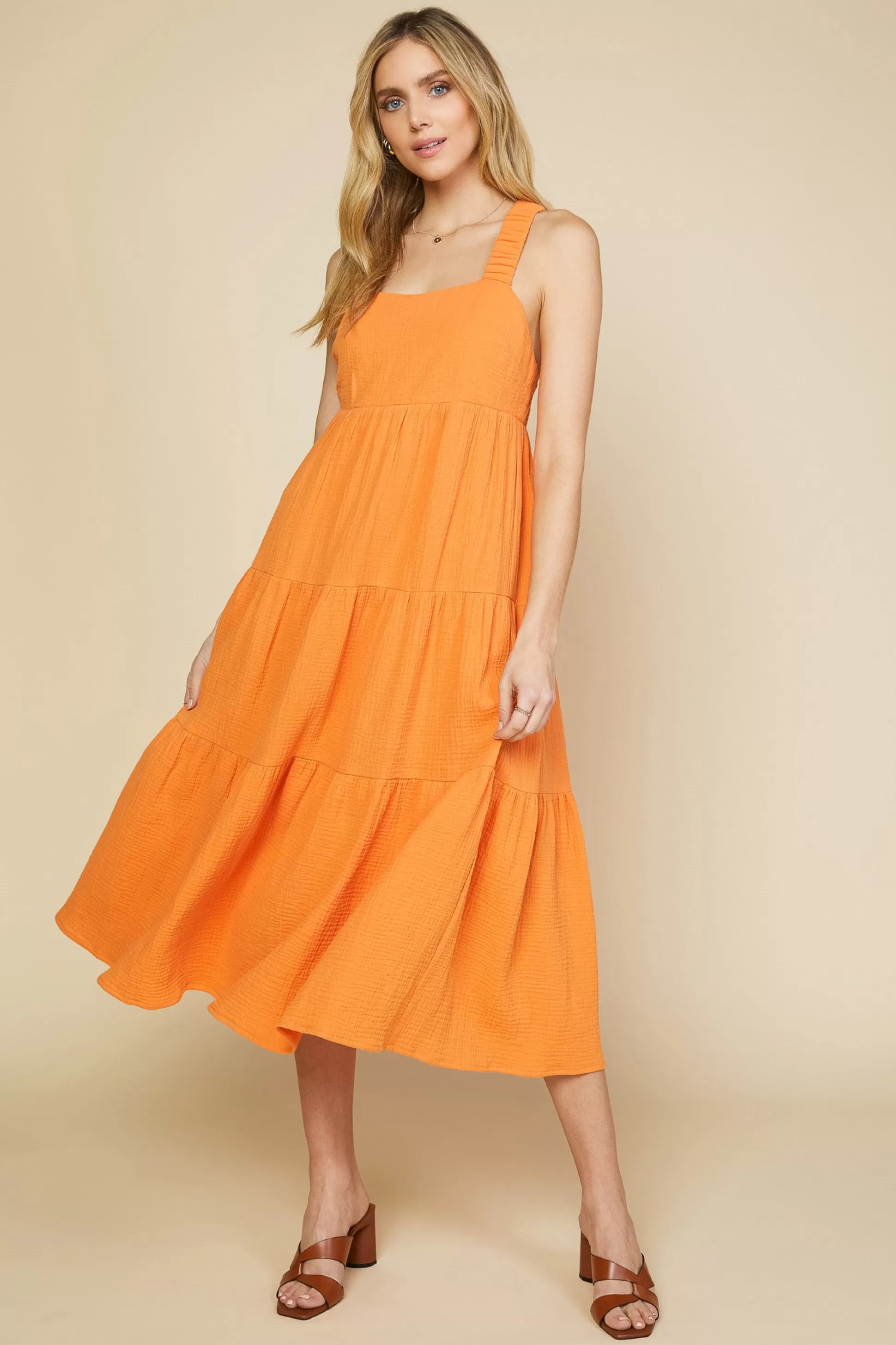 SKIES ARE BLUE Maxi Dresses>Cross Back Tiered Maxi Dress Sunkissedorange