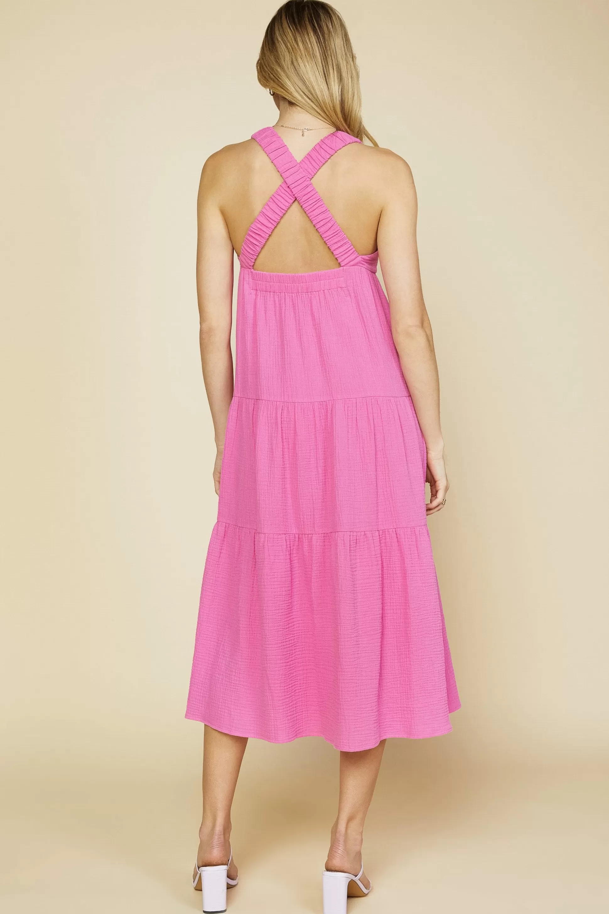 SKIES ARE BLUE Maxi Dresses>Cross Back Tiered Maxi Dress Bubblegum