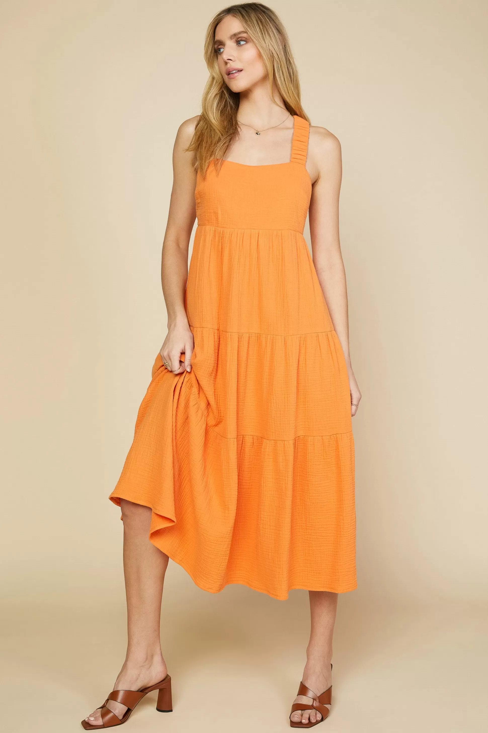 SKIES ARE BLUE Maxi Dresses>Cross Back Tiered Maxi Dress Sunkissedorange