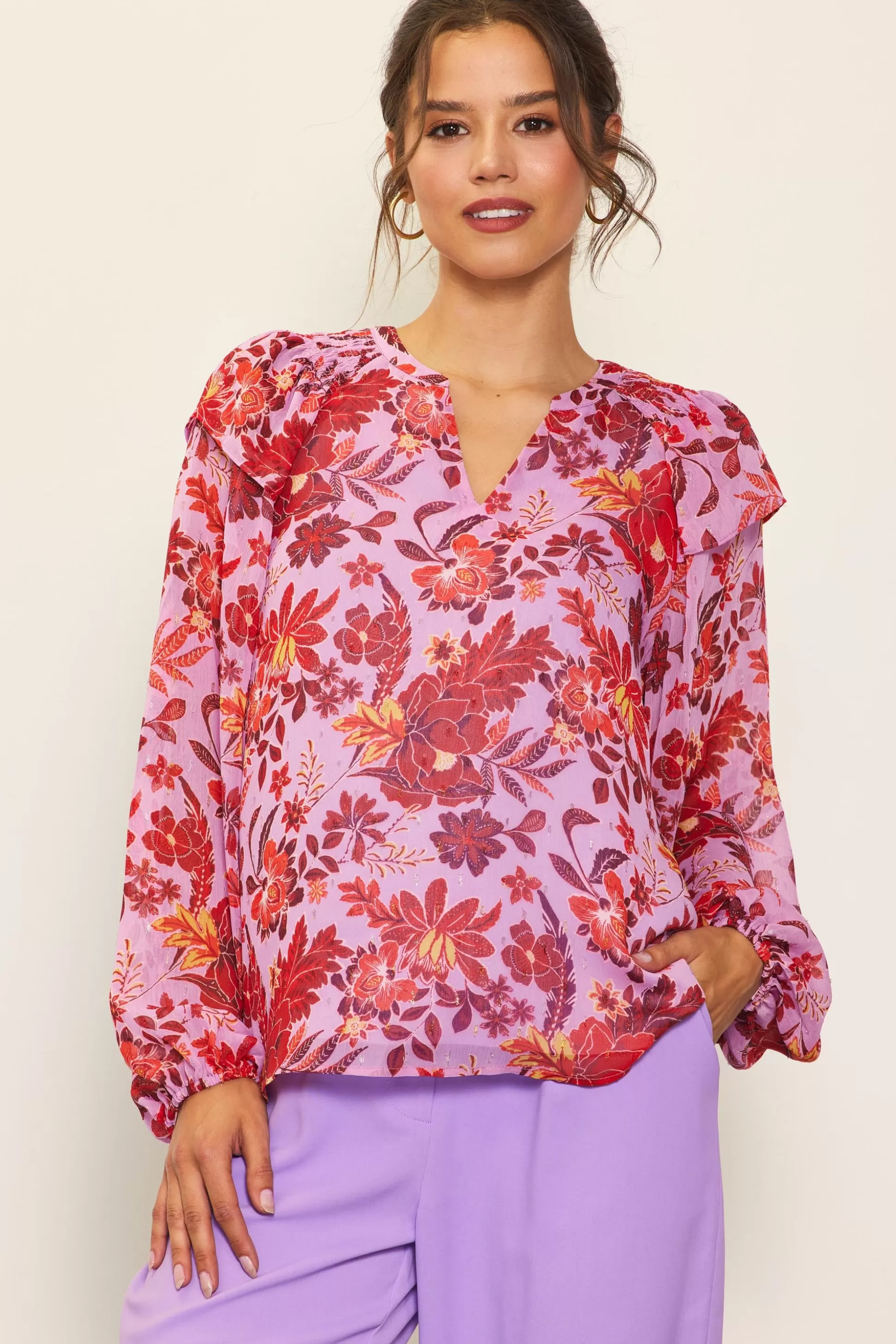 SKIES ARE BLUE Blouses | Long Sleeve Tops>Dahlia Print Longsleeve Blouse Lavender-plum