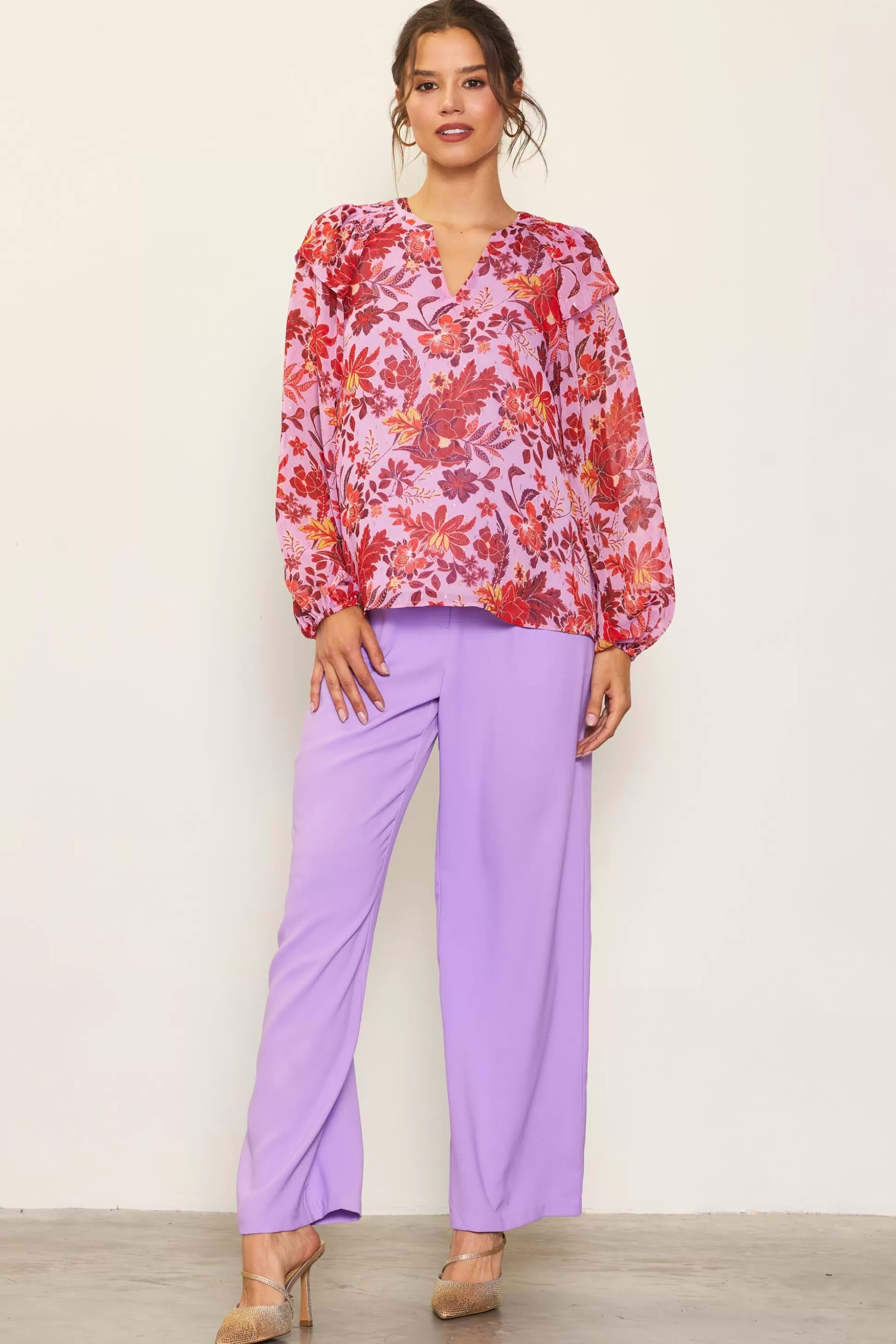 SKIES ARE BLUE Blouses | Long Sleeve Tops>Dahlia Print Longsleeve Blouse Lavender-plum