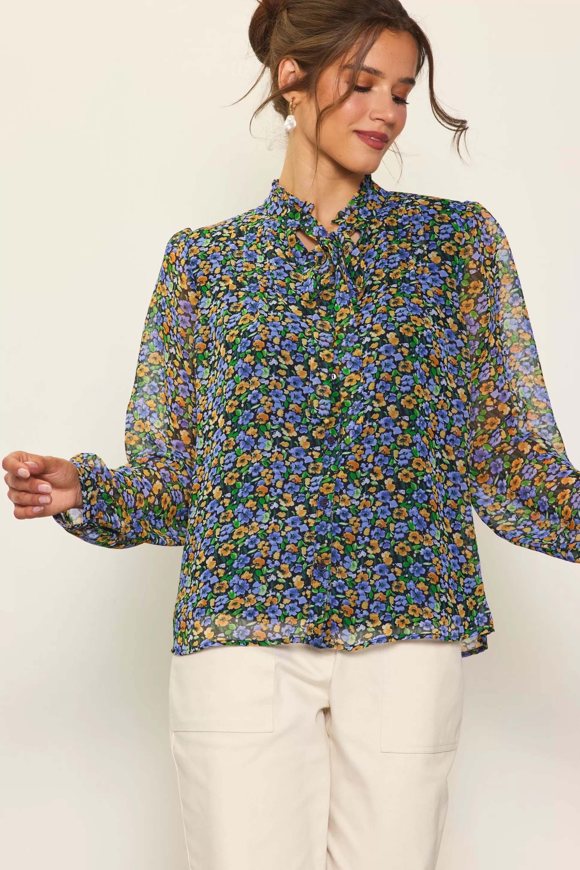 SKIES ARE BLUE Blouses | Long Sleeve Tops>Daisy Print Neck Tie Blouse Multitone-floral