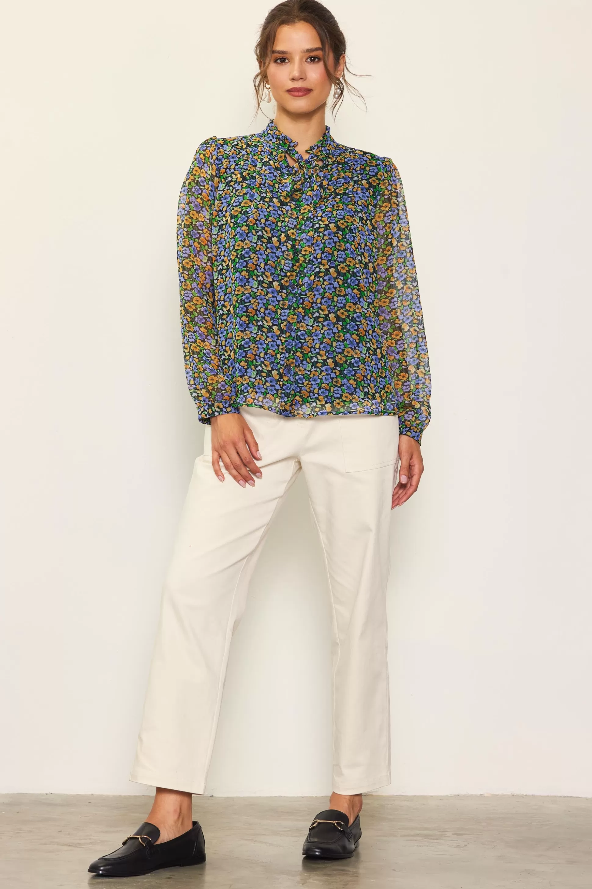 SKIES ARE BLUE Blouses | Long Sleeve Tops>Daisy Print Neck Tie Blouse Multitone-floral