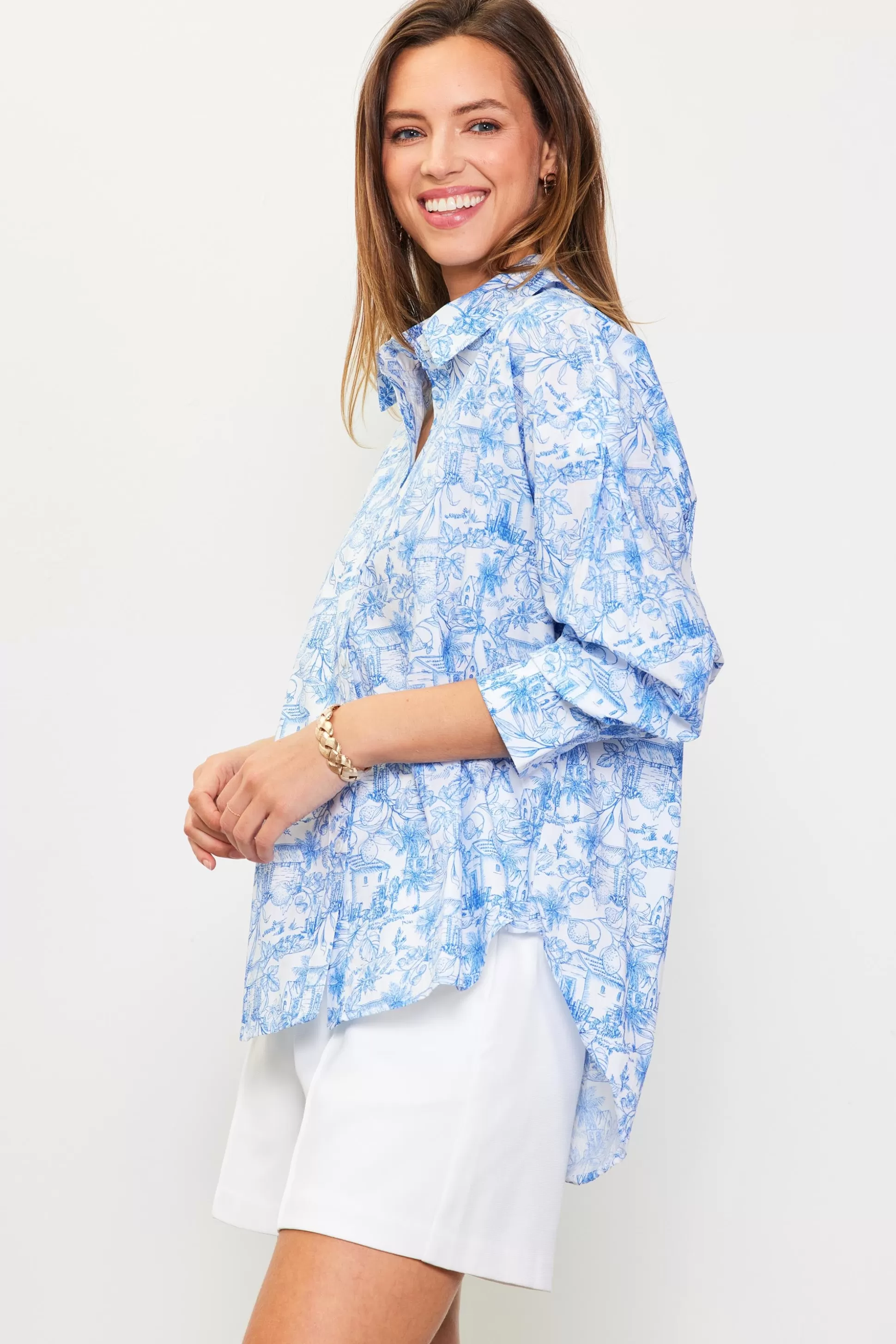 SKIES ARE BLUE Blouses | Long Sleeve Tops>Daphne Floral Print Button Down Blouse Frenchblue