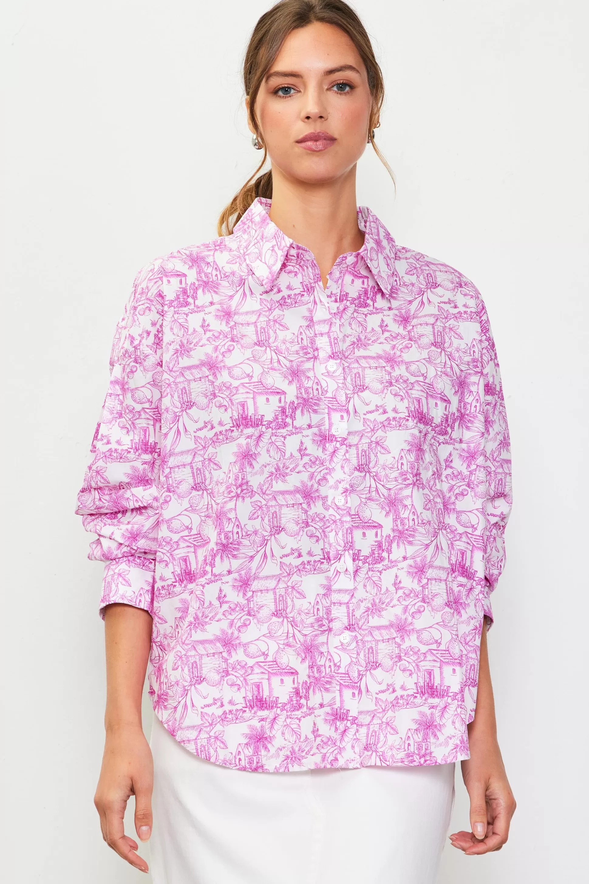 SKIES ARE BLUE Blouses | Long Sleeve Tops>Daphne Floral Print Button Down Blouse Pinkmagnolia