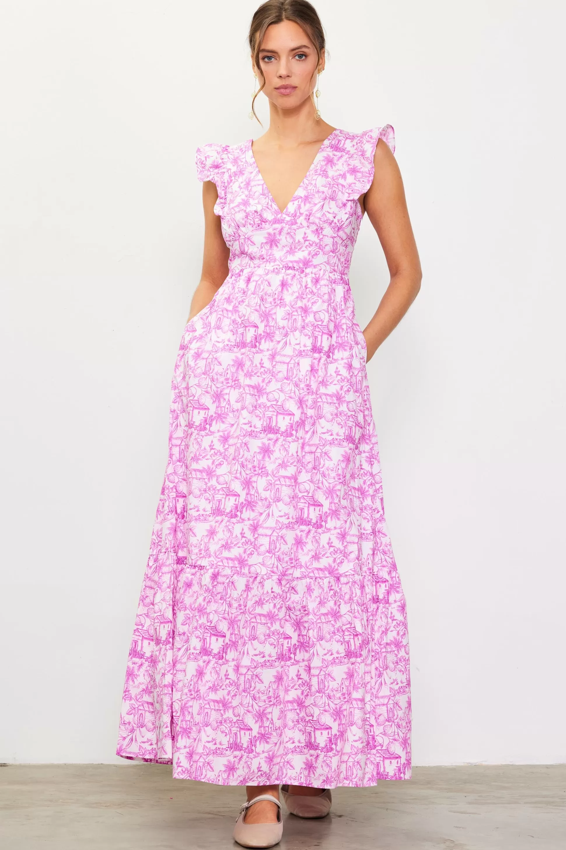 SKIES ARE BLUE Maxi Dresses>Daphne Floral Print Ruffled Maxi Dress Pinkmagnolia