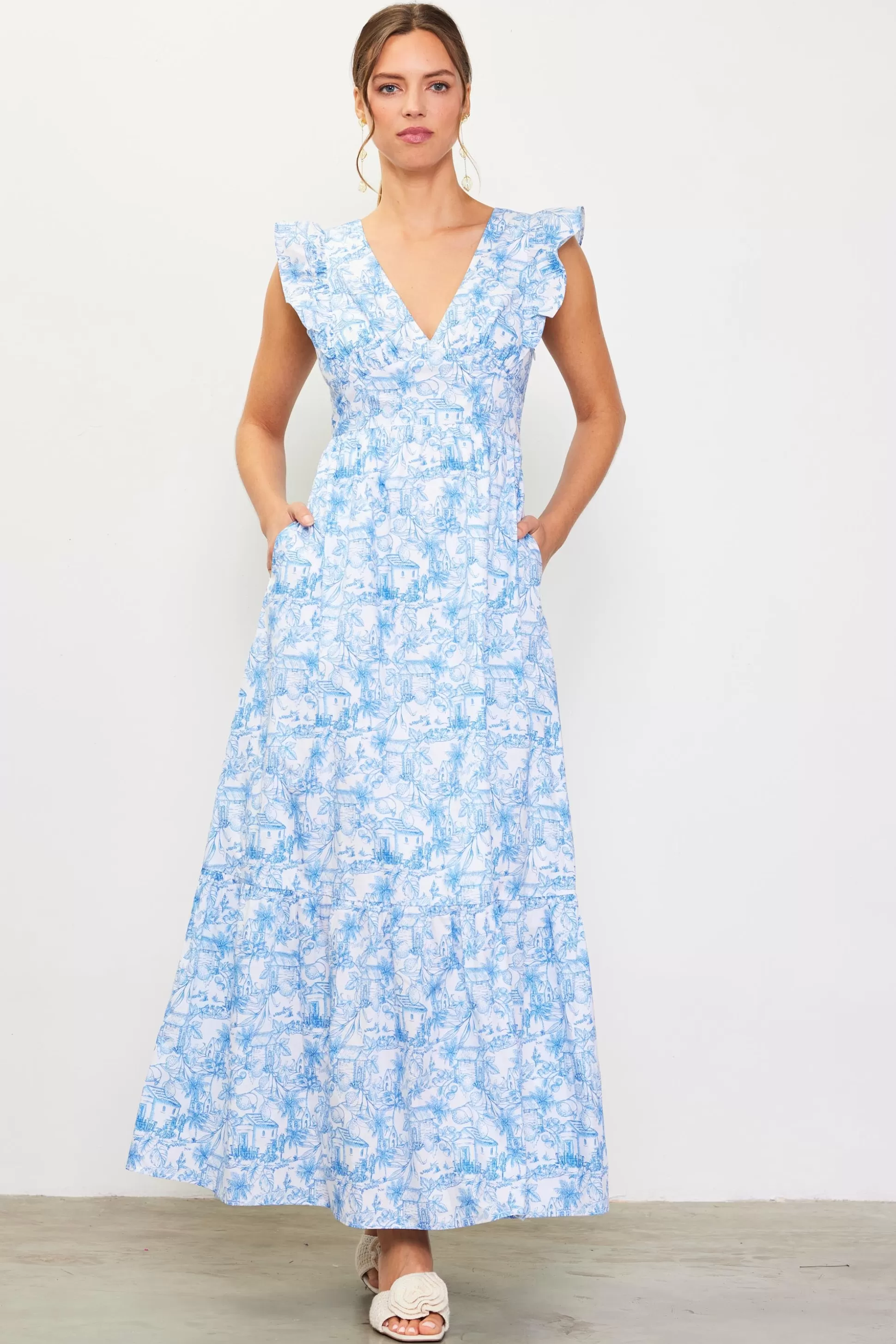 SKIES ARE BLUE Maxi Dresses>Daphne Floral Print Ruffled Maxi Dress Frenchblue