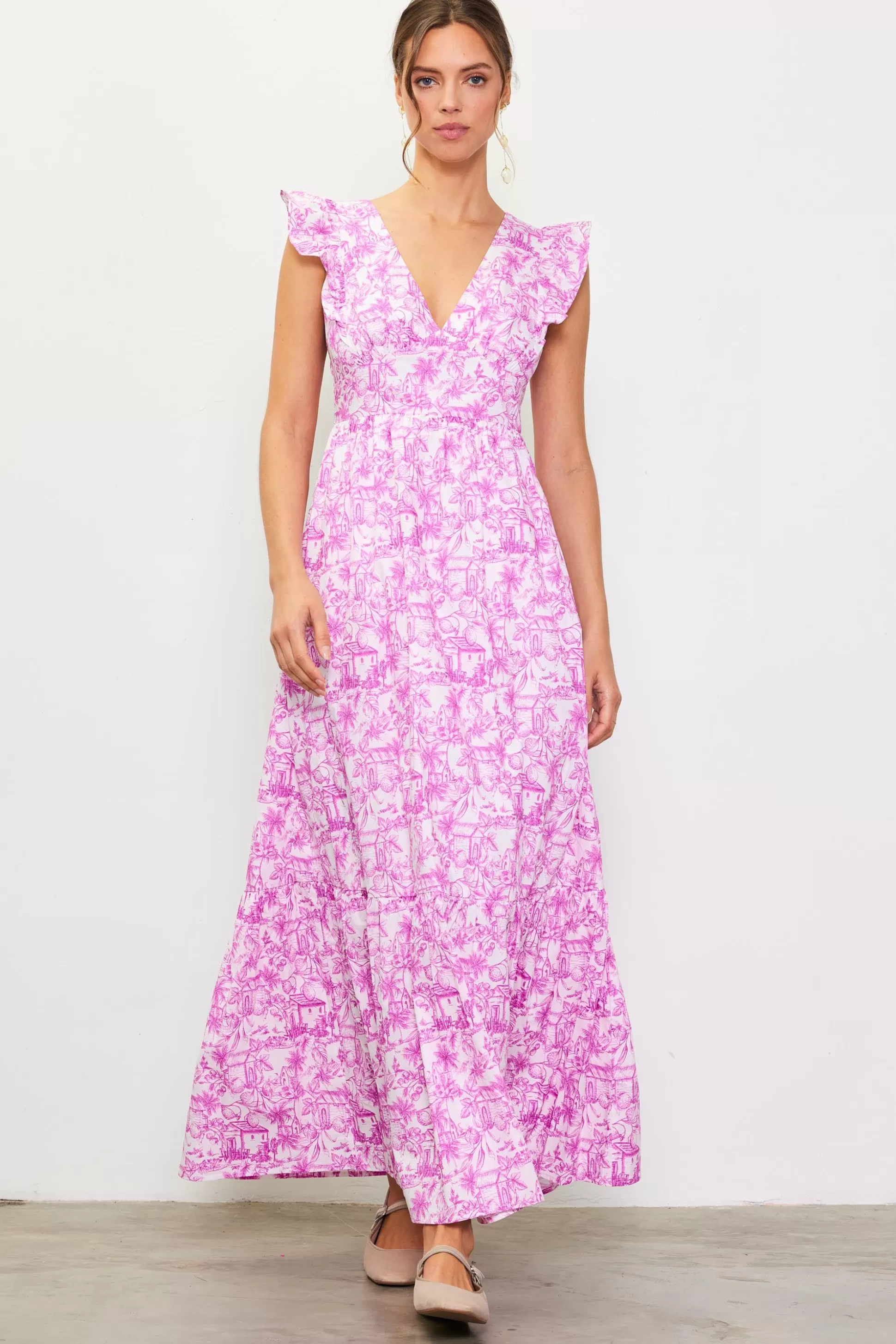 SKIES ARE BLUE Maxi Dresses>Daphne Floral Print Ruffled Maxi Dress Pinkmagnolia