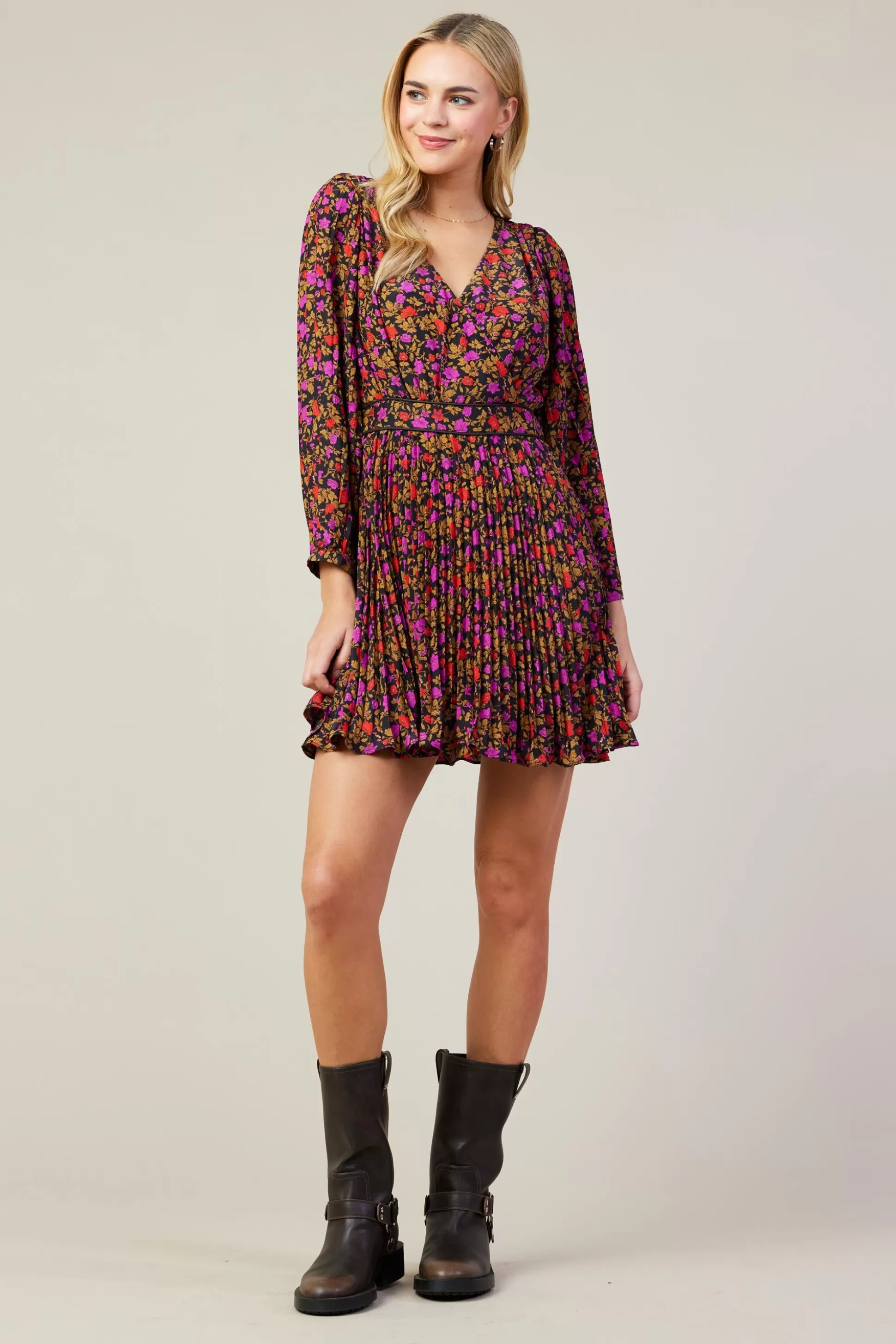 SKIES ARE BLUE Mini Dresses>Daray Floral Print Mini Dress Black-magenta