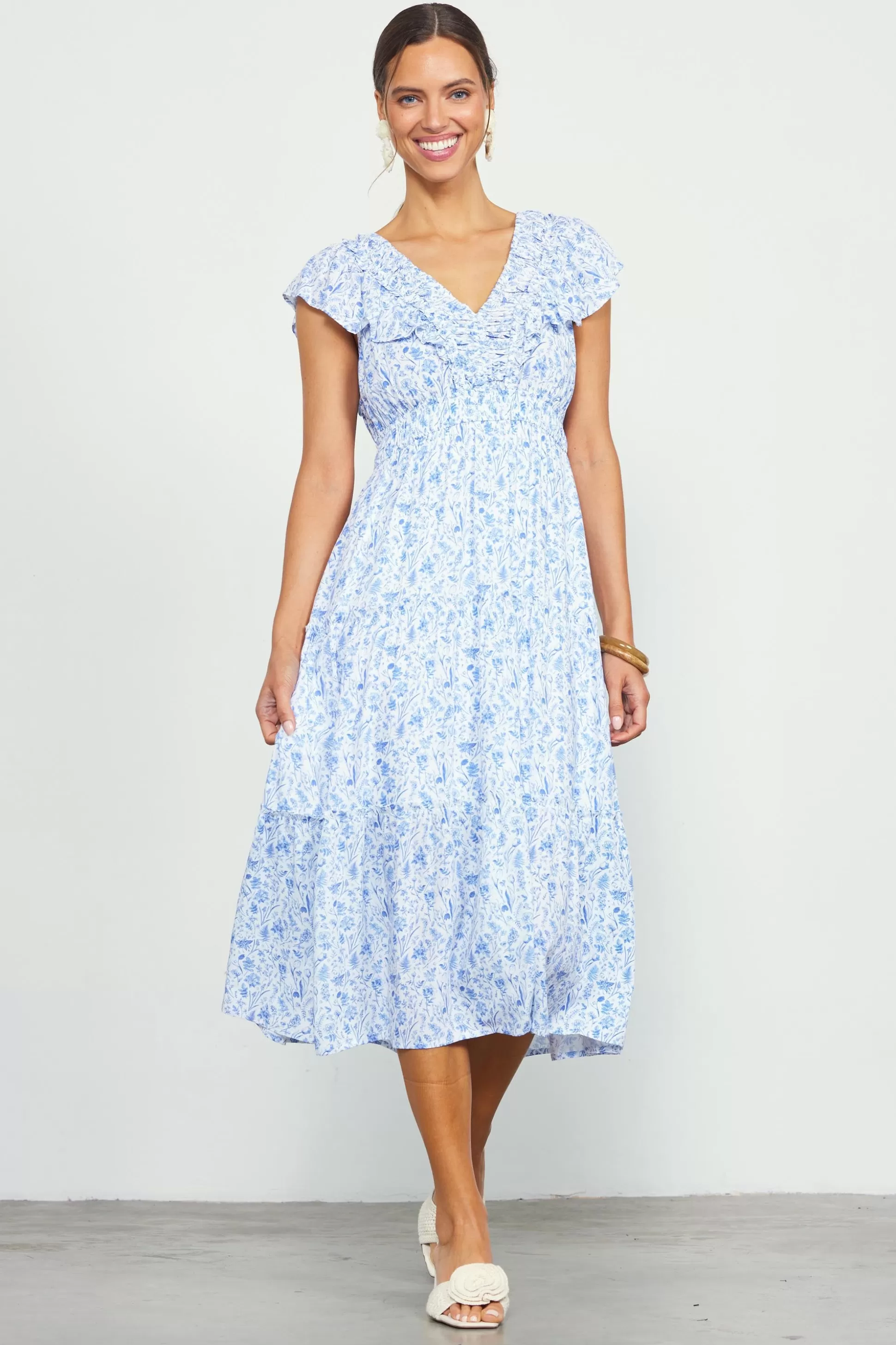 SKIES ARE BLUE Midi Dresses>Darcy Floral Print Midi Dress Blue