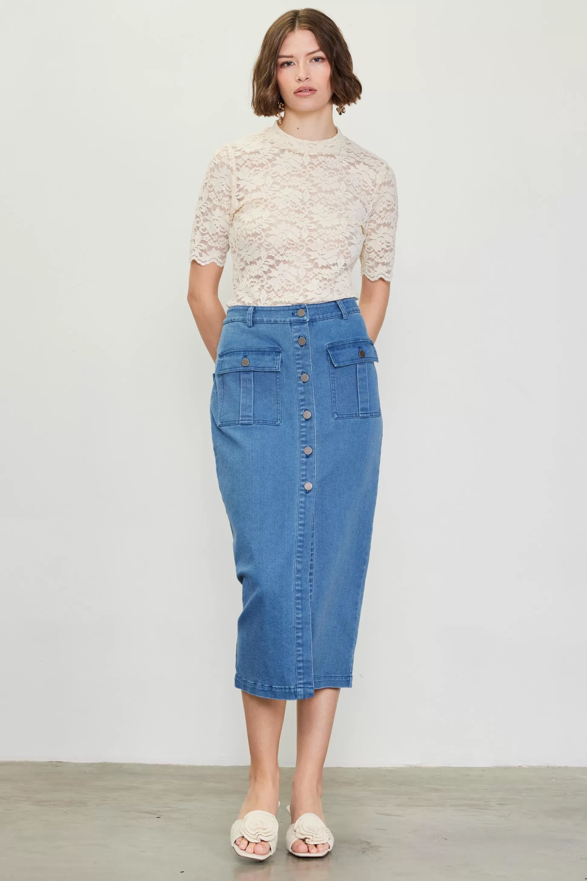 SKIES ARE BLUE Skirts>Denim Button Down Midi Skirt Bluedenim