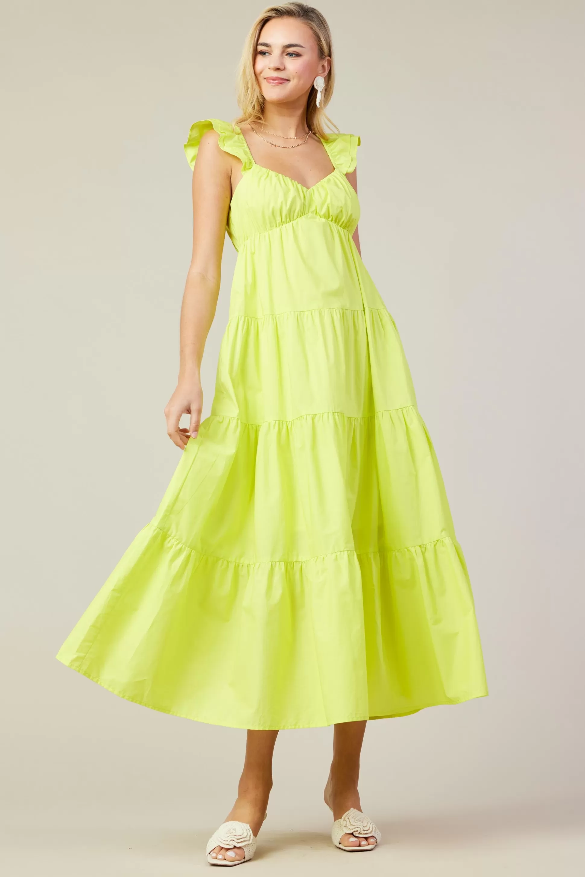 SKIES ARE BLUE Maxi Dresses>Diana Poplin Maxi Dress Limeyellow