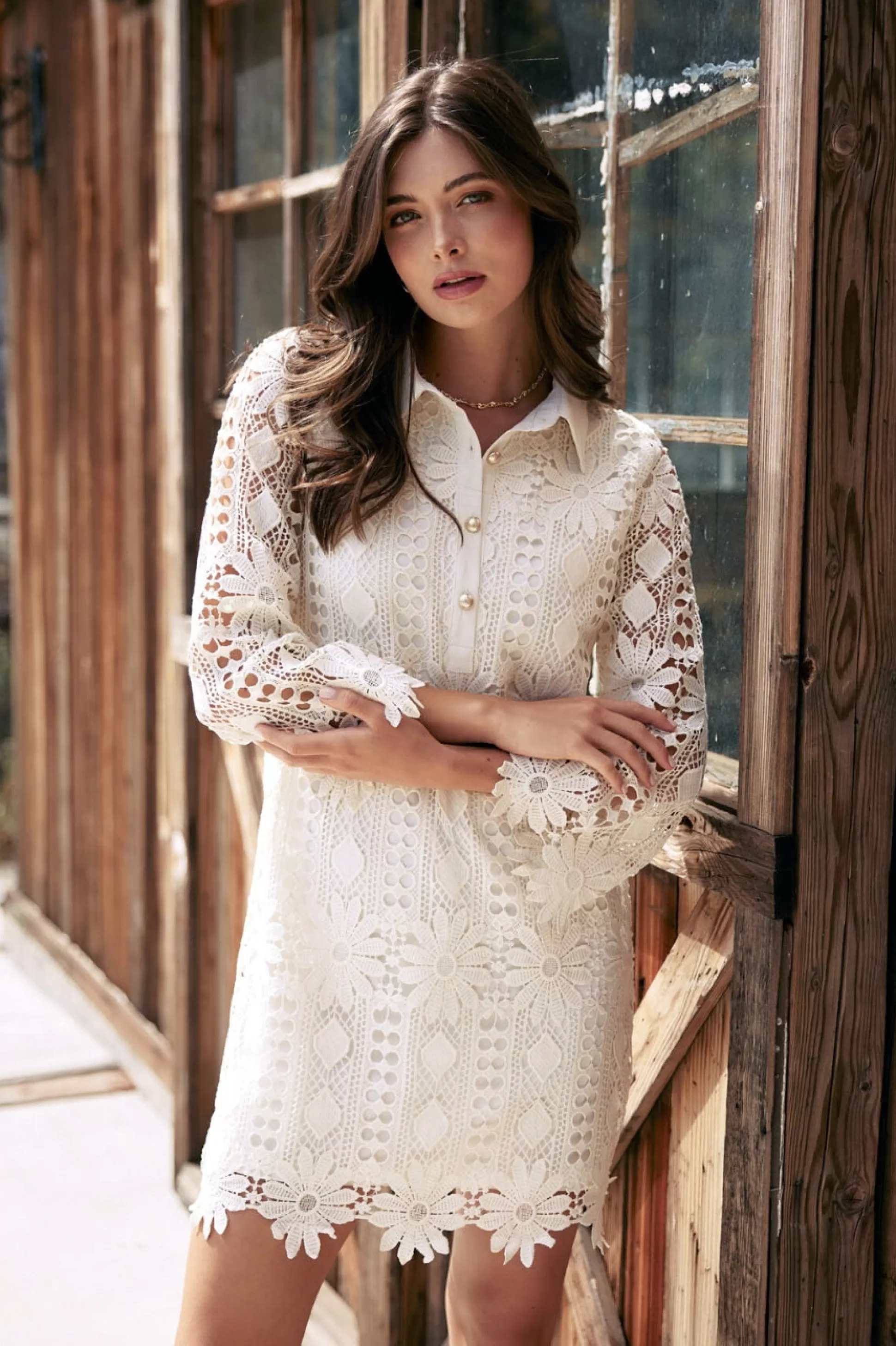 SKIES ARE BLUE Mini Dresses>Embroidered Eyelet Lace Mini Dress Cream