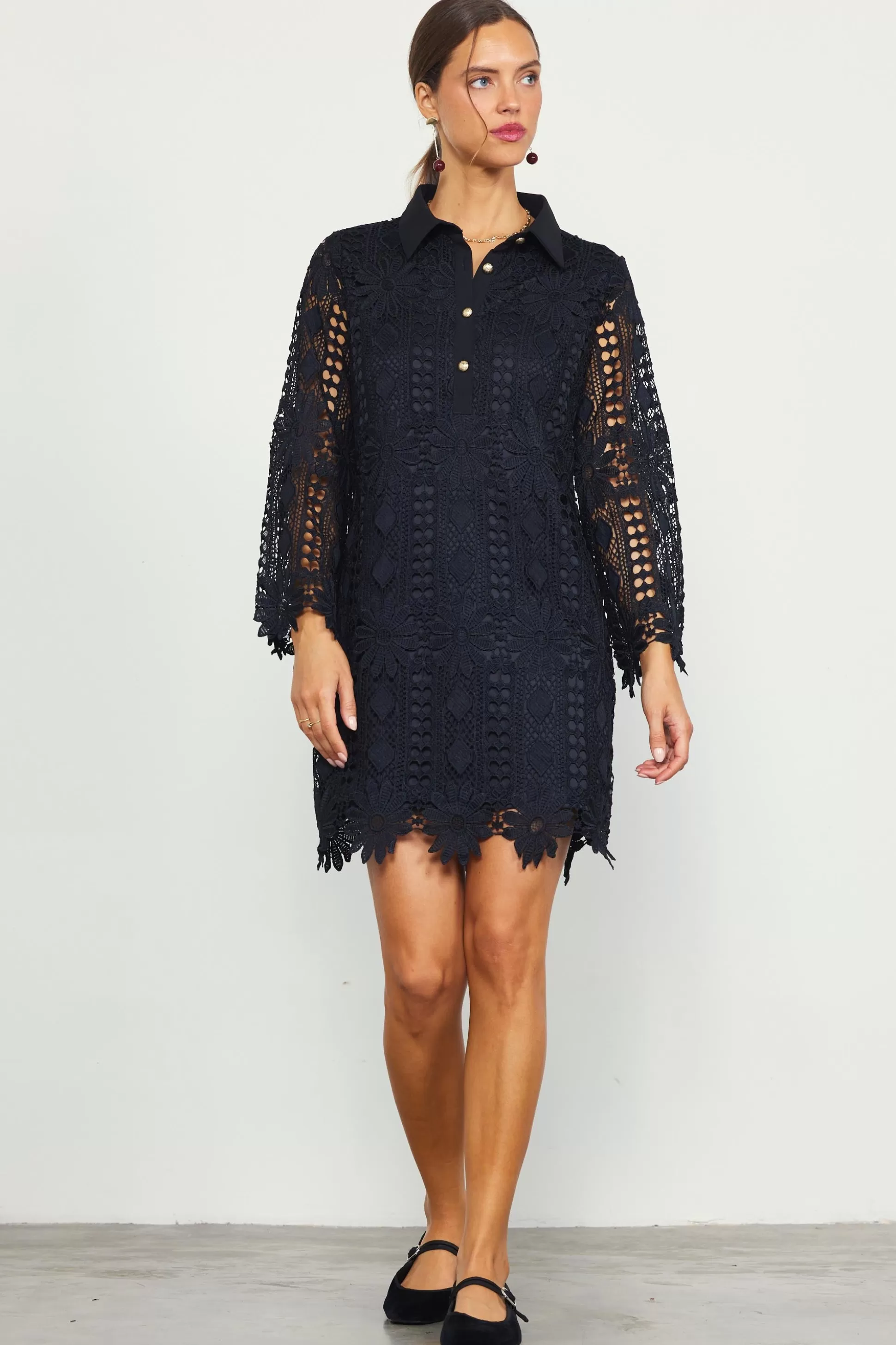 SKIES ARE BLUE Mini Dresses>Embroidered Eyelet Lace Mini Dress Black