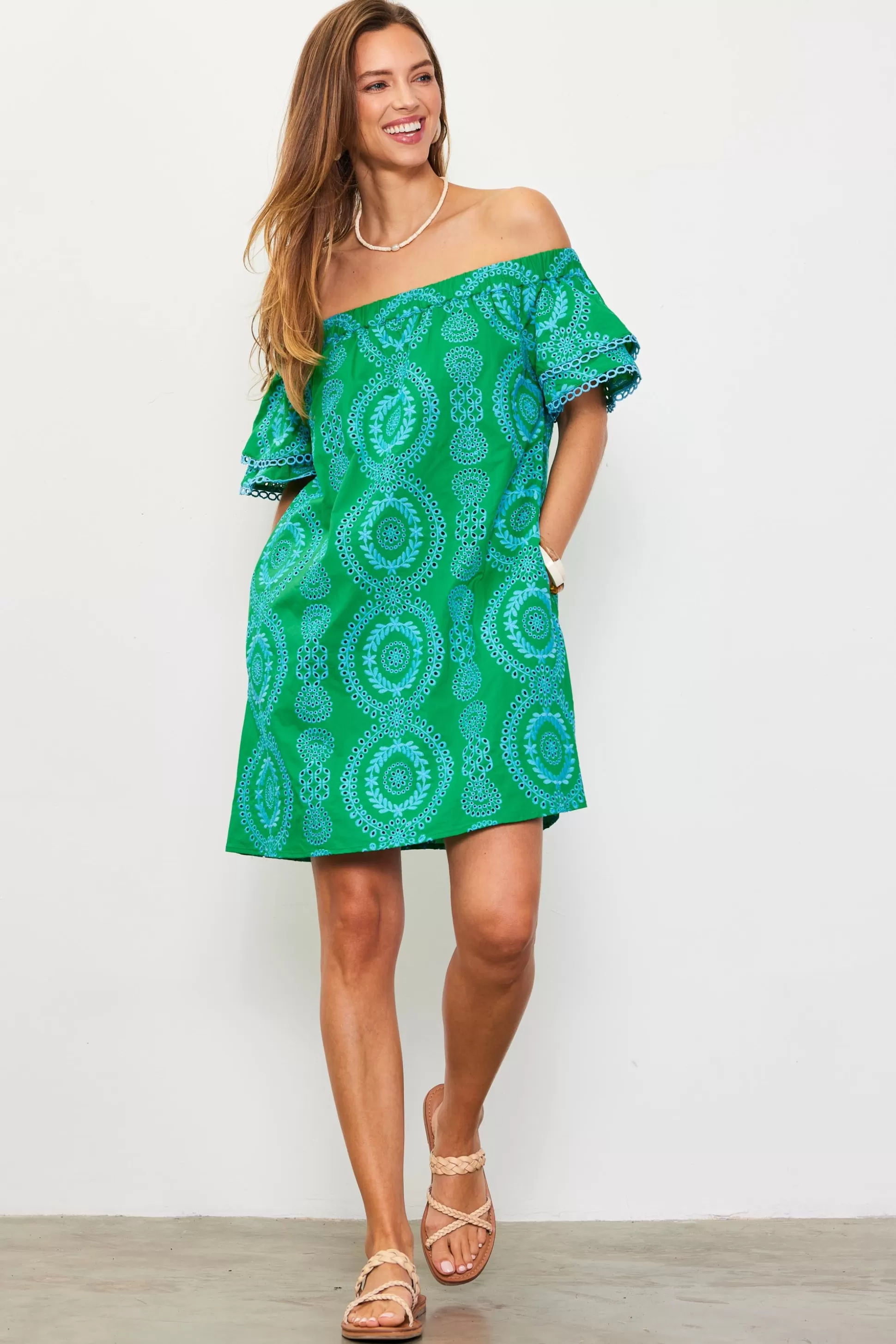 SKIES ARE BLUE Mini Dresses>Embroidered Eyelet Off Shoulder Dress Green-blue