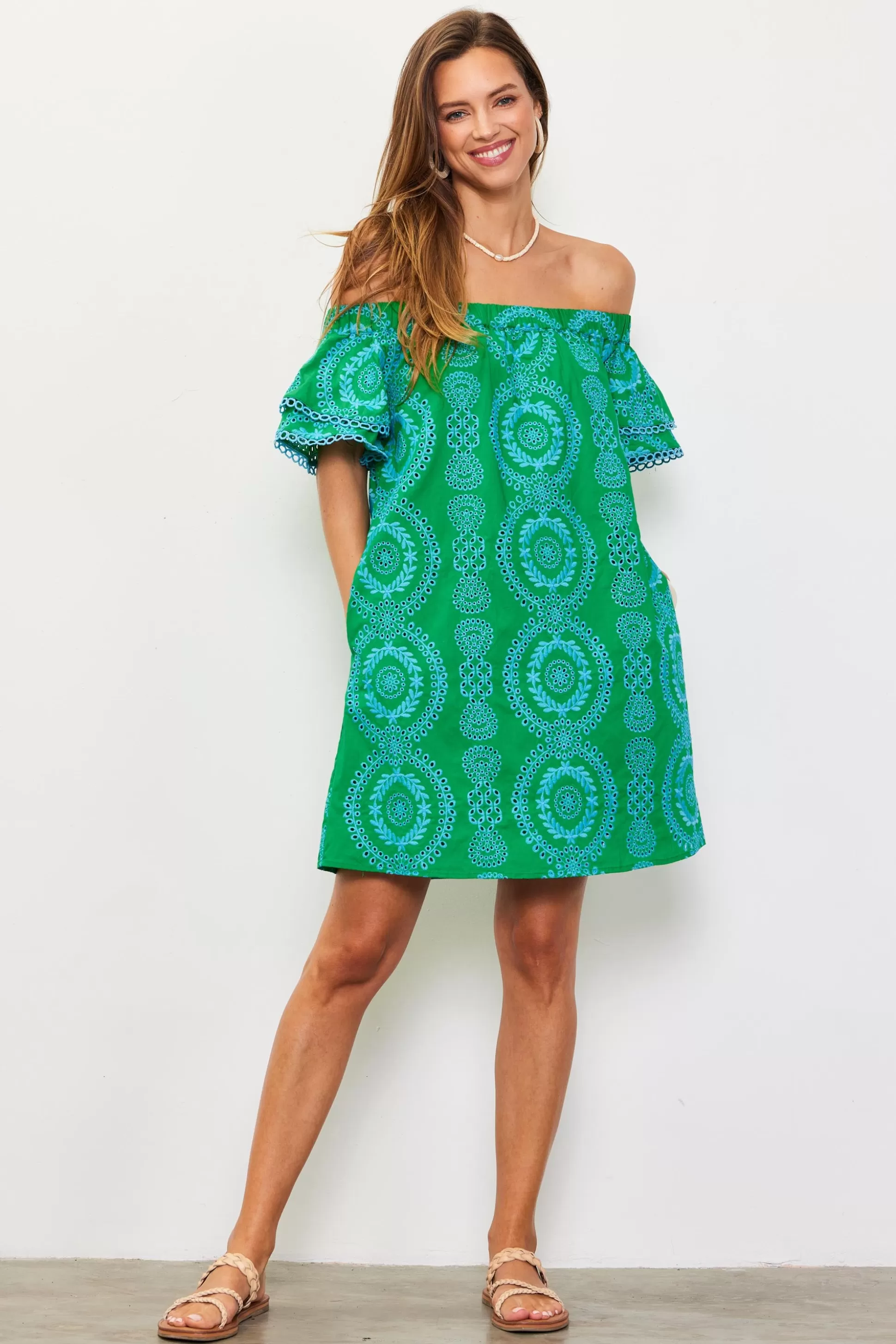 SKIES ARE BLUE Mini Dresses>Embroidered Eyelet Off Shoulder Dress Green-blue