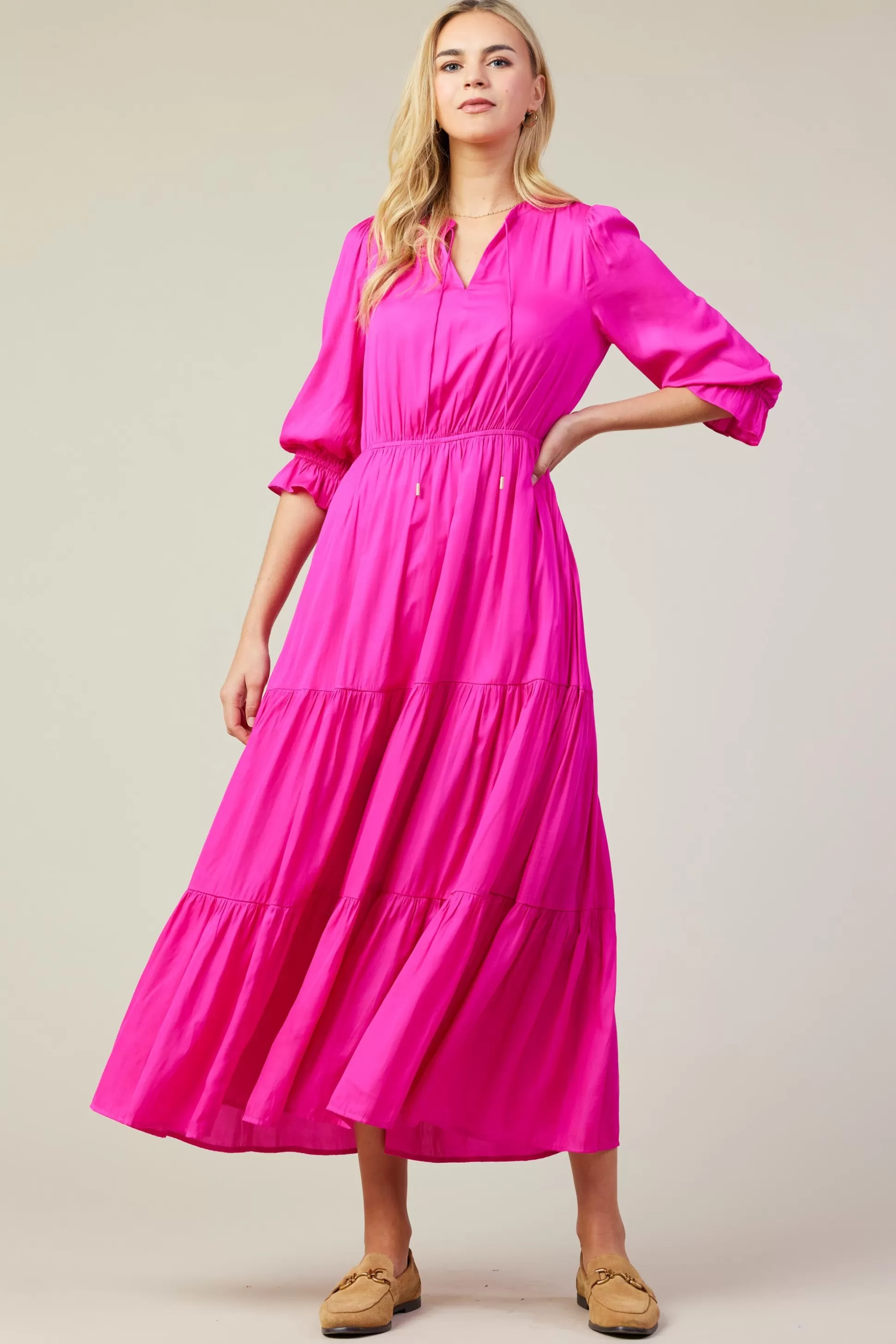 SKIES ARE BLUE Maxi Dresses>Emery Ruffle Tiered Maxi Dress Hyperpink