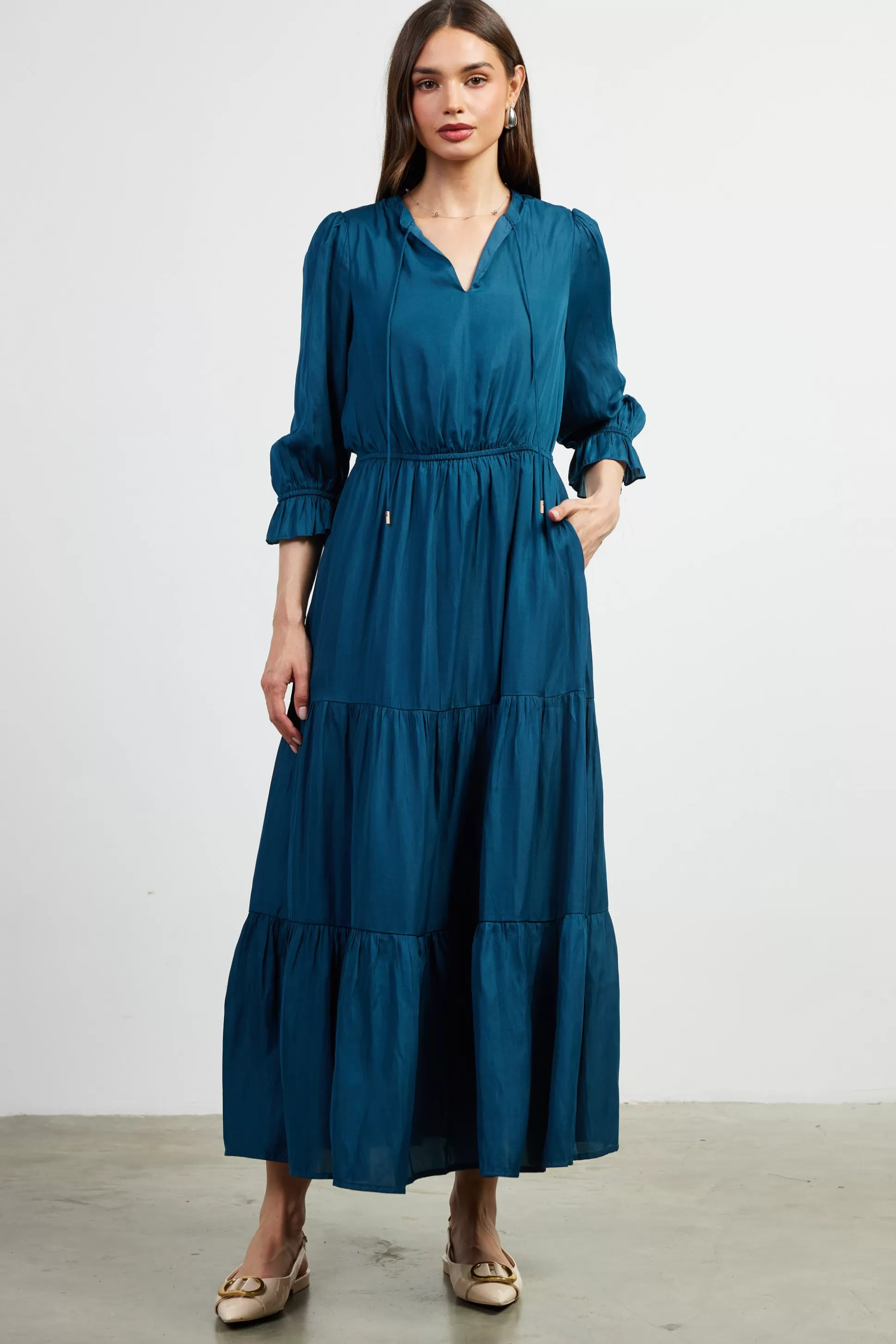 SKIES ARE BLUE Maxi Dresses>Emery Ruffle Tiered Maxi Dress Teal