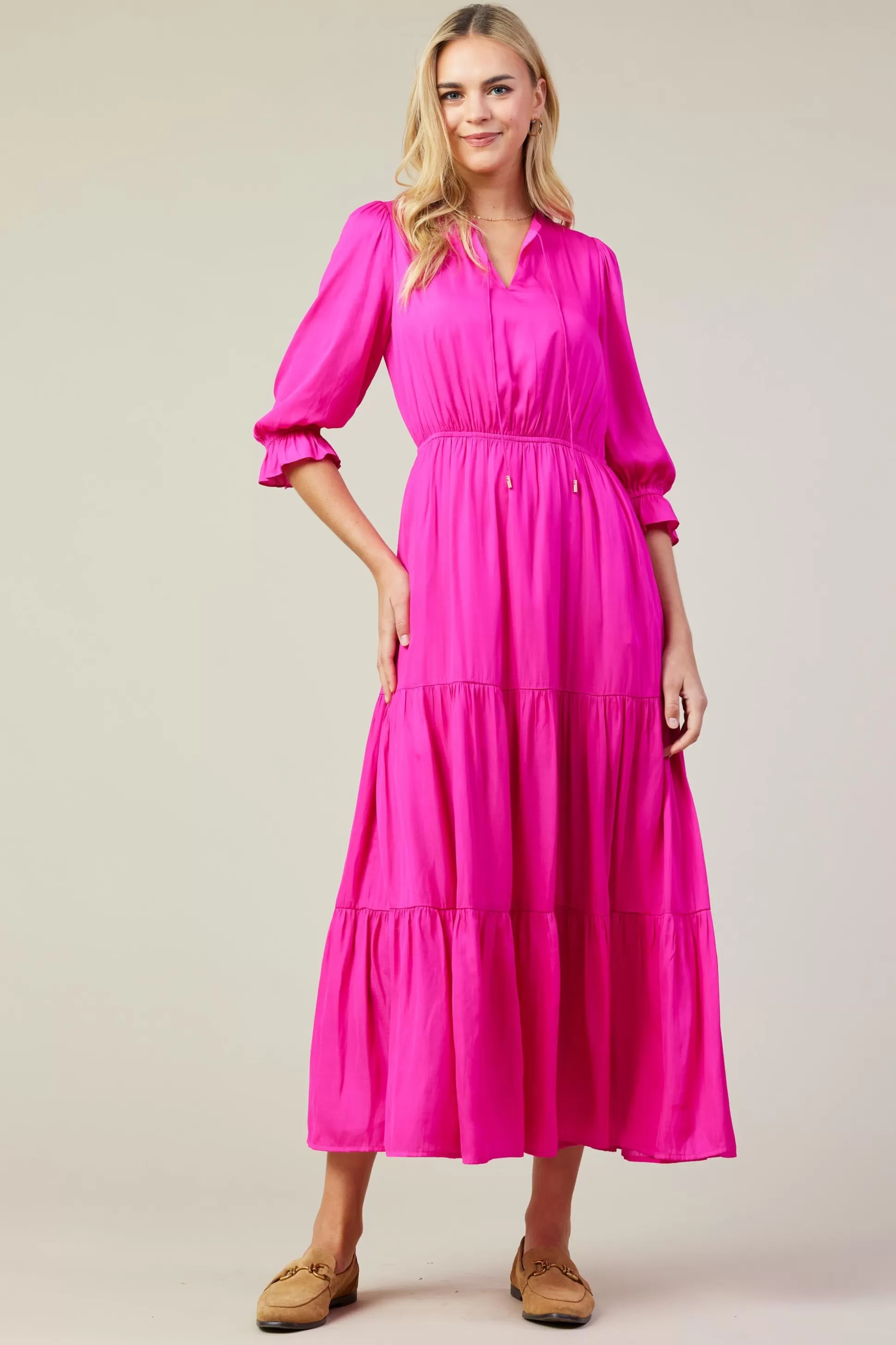 SKIES ARE BLUE Maxi Dresses>Emery Ruffle Tiered Maxi Dress Hyperpink