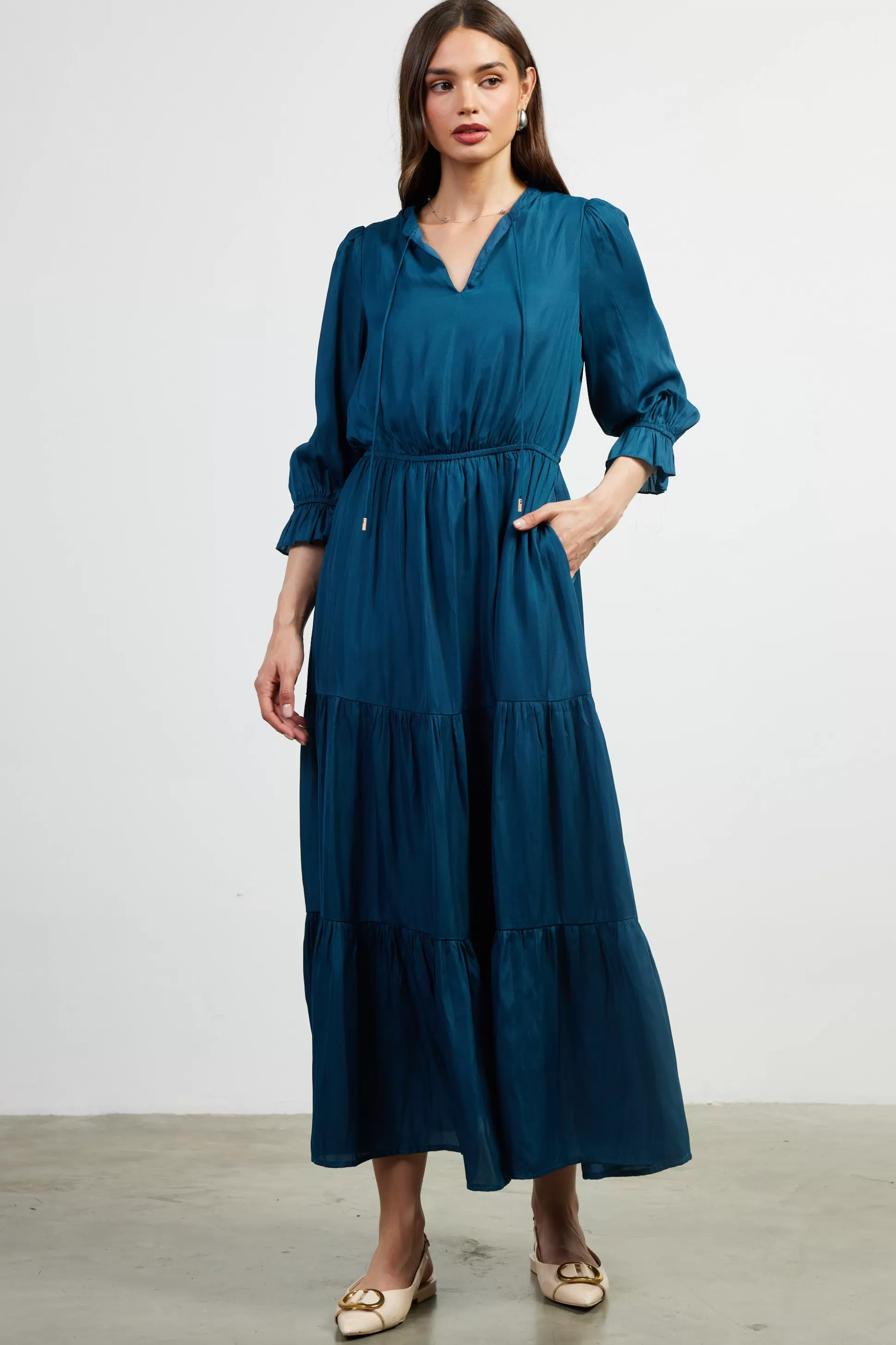 SKIES ARE BLUE Maxi Dresses>Emery Ruffle Tiered Maxi Dress Teal