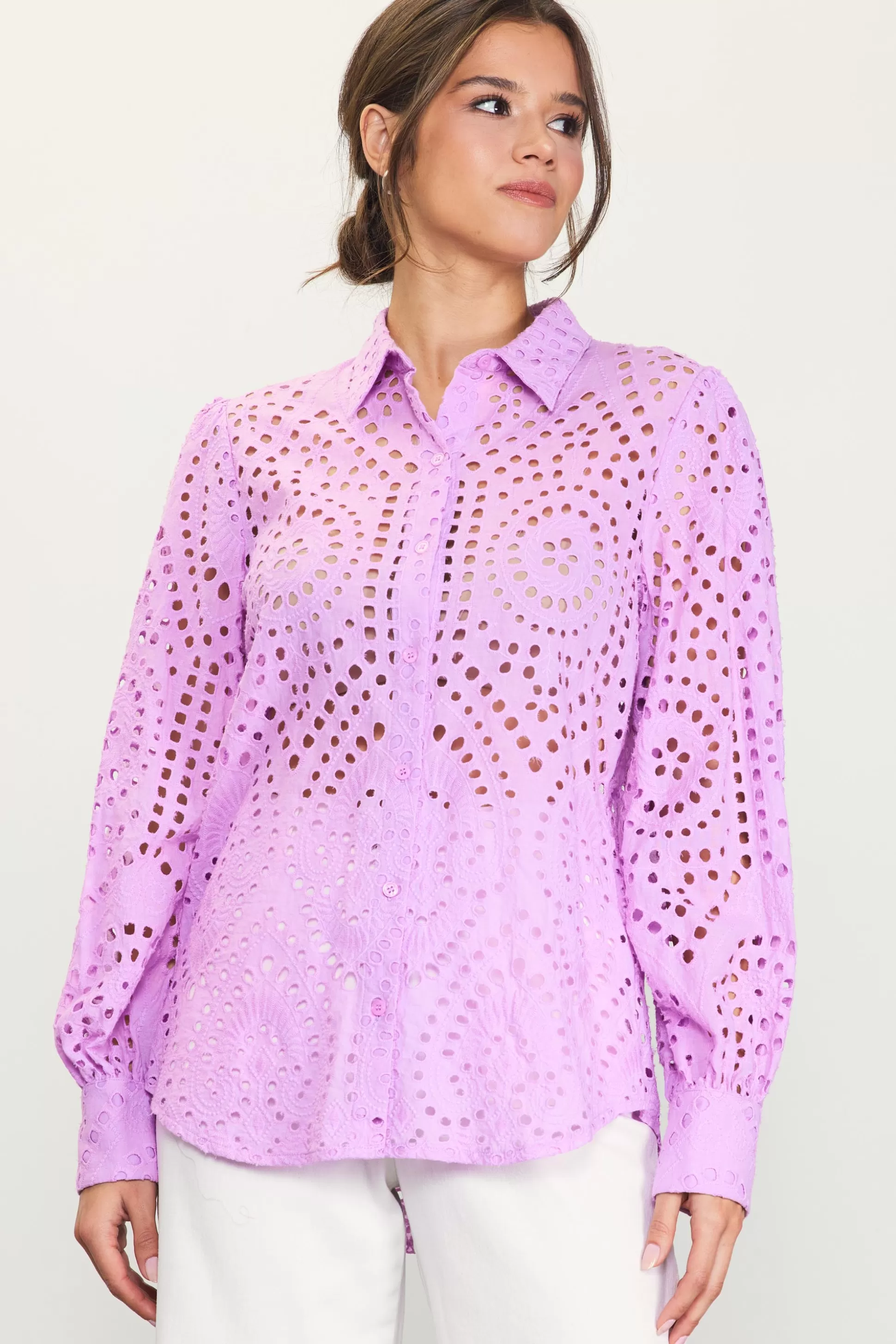 SKIES ARE BLUE Blouses | Long Sleeve Tops>Eyelet Buttondown Shirt Pinklavender