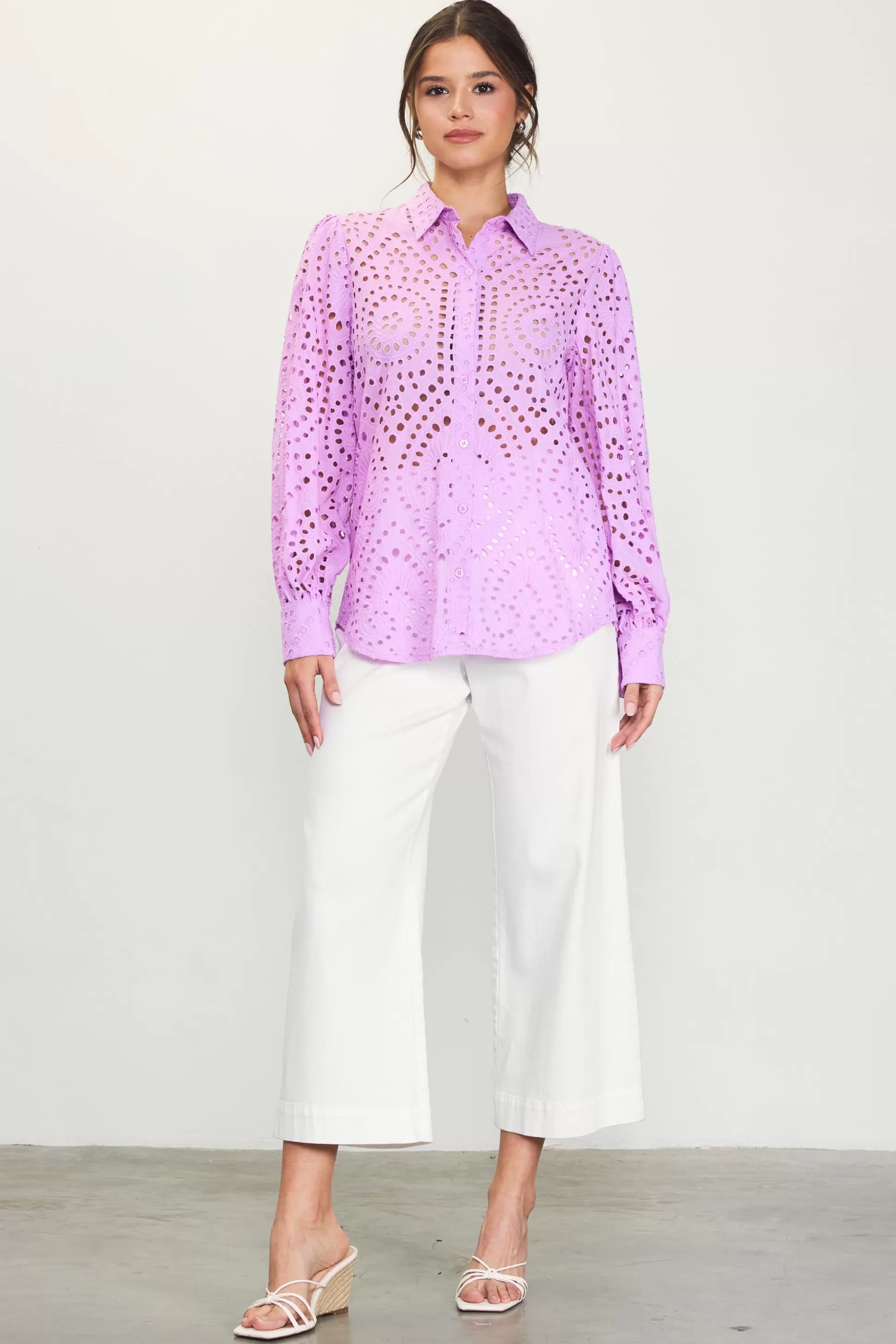 SKIES ARE BLUE Blouses | Long Sleeve Tops>Eyelet Buttondown Shirt Pinklavender