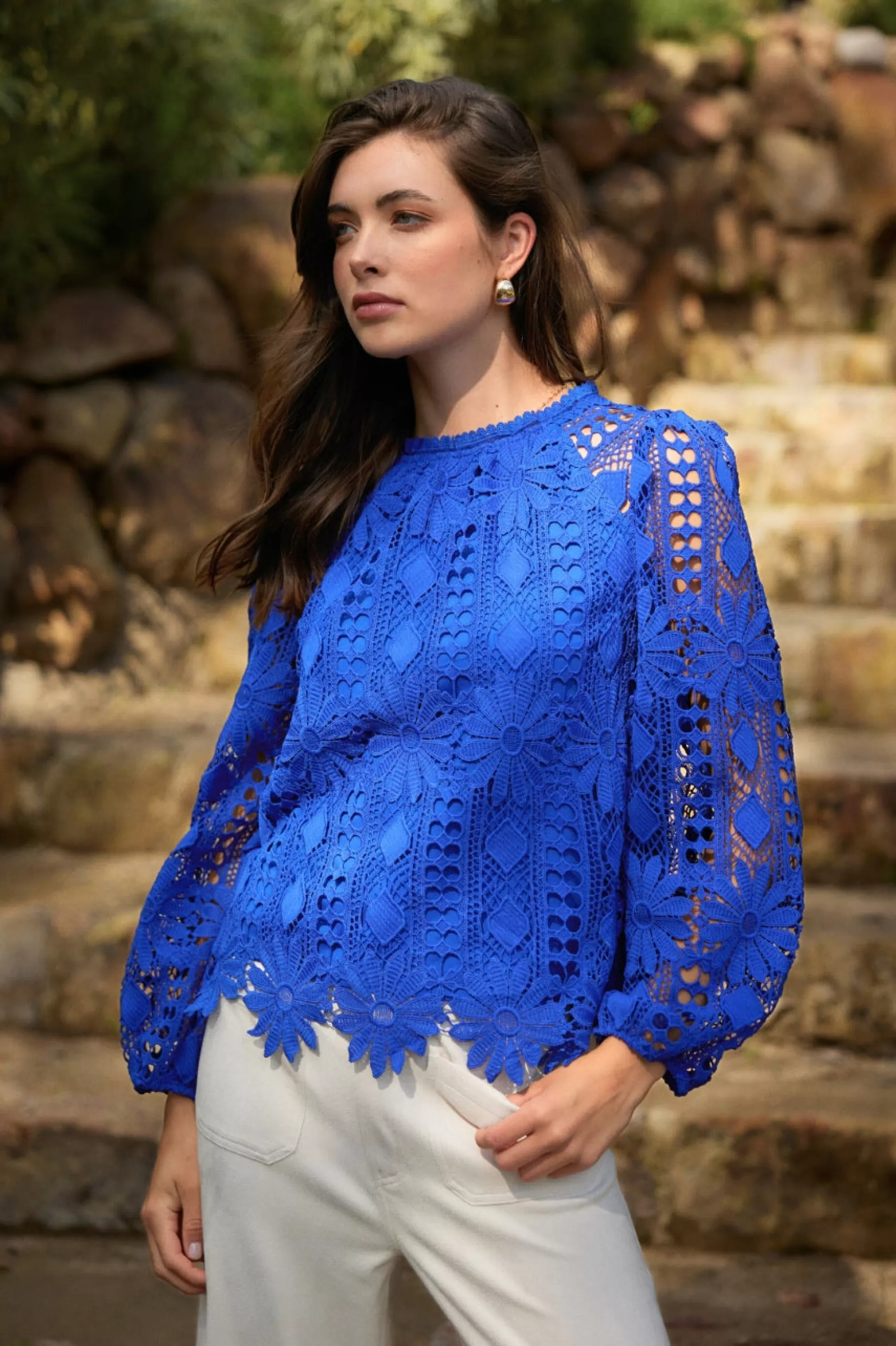 SKIES ARE BLUE Blouses | Long Sleeve Tops>Eyelet Lace Longsleeve Blouse Cobalt