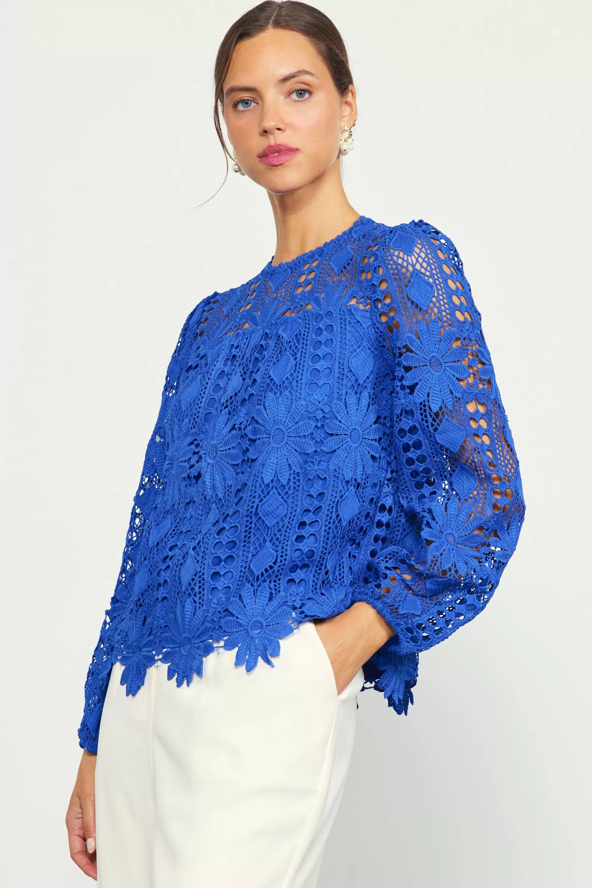 SKIES ARE BLUE Blouses | Long Sleeve Tops>Eyelet Lace Longsleeve Blouse Cobalt