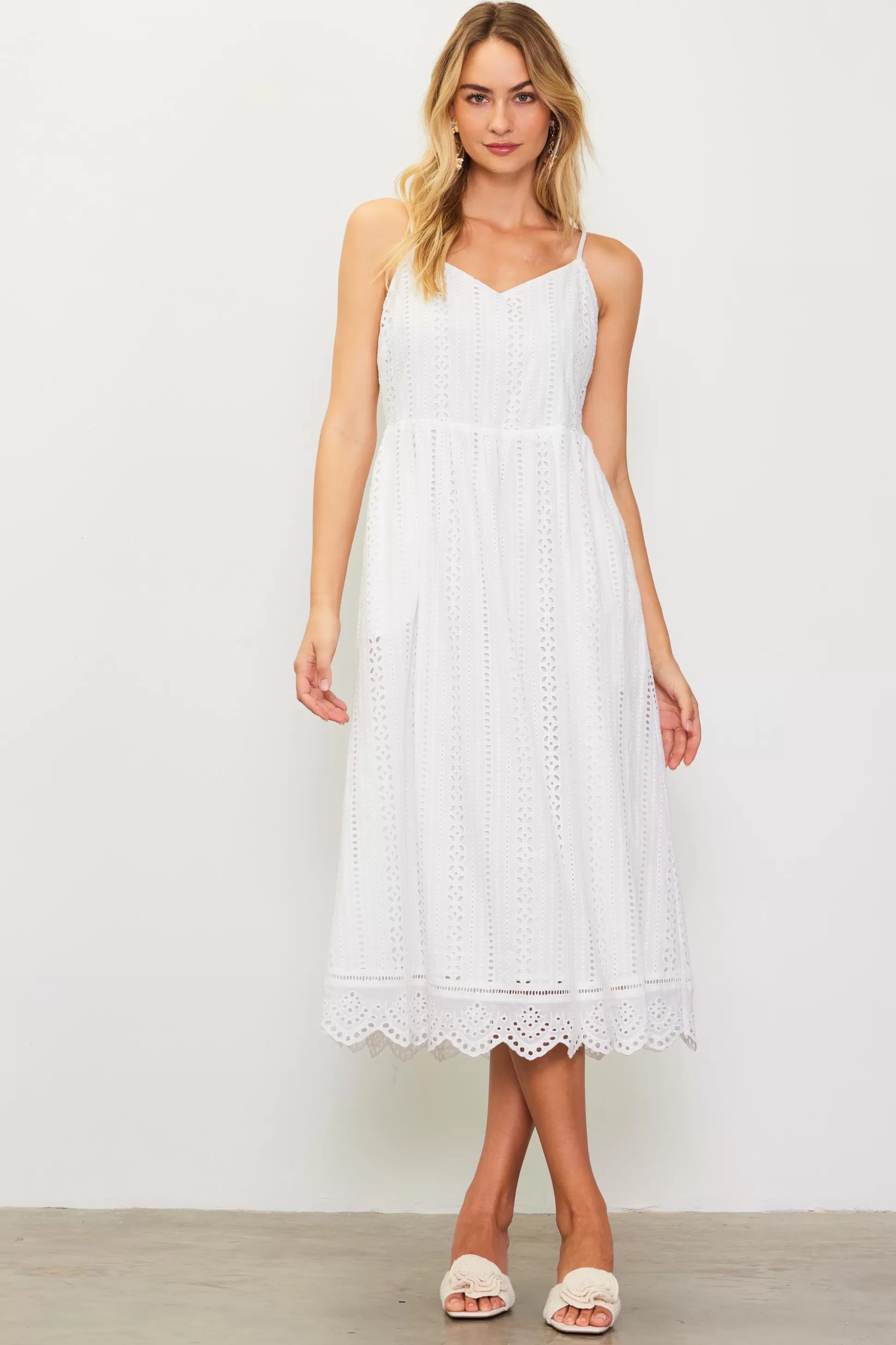 SKIES ARE BLUE Midi Dresses>Eyelet Lace Midi Dress White