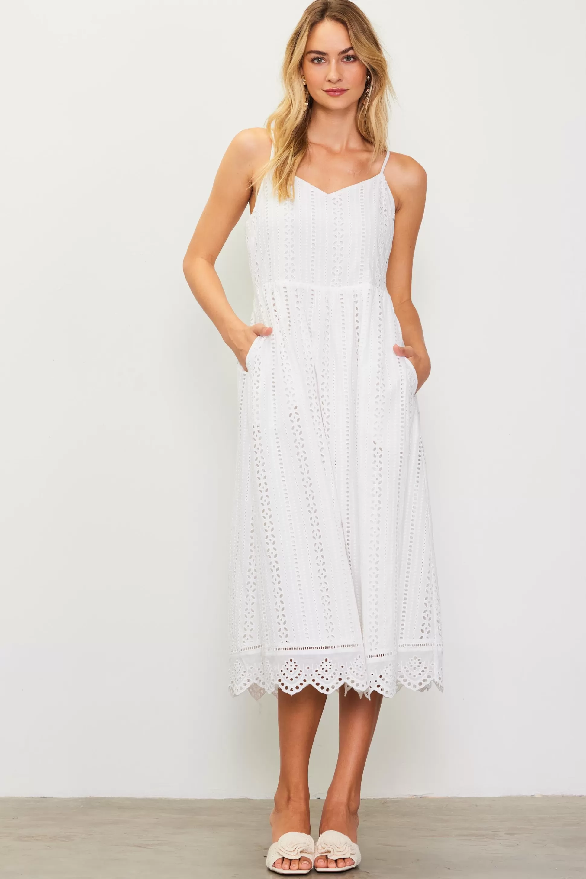 SKIES ARE BLUE Midi Dresses>Eyelet Lace Midi Dress White