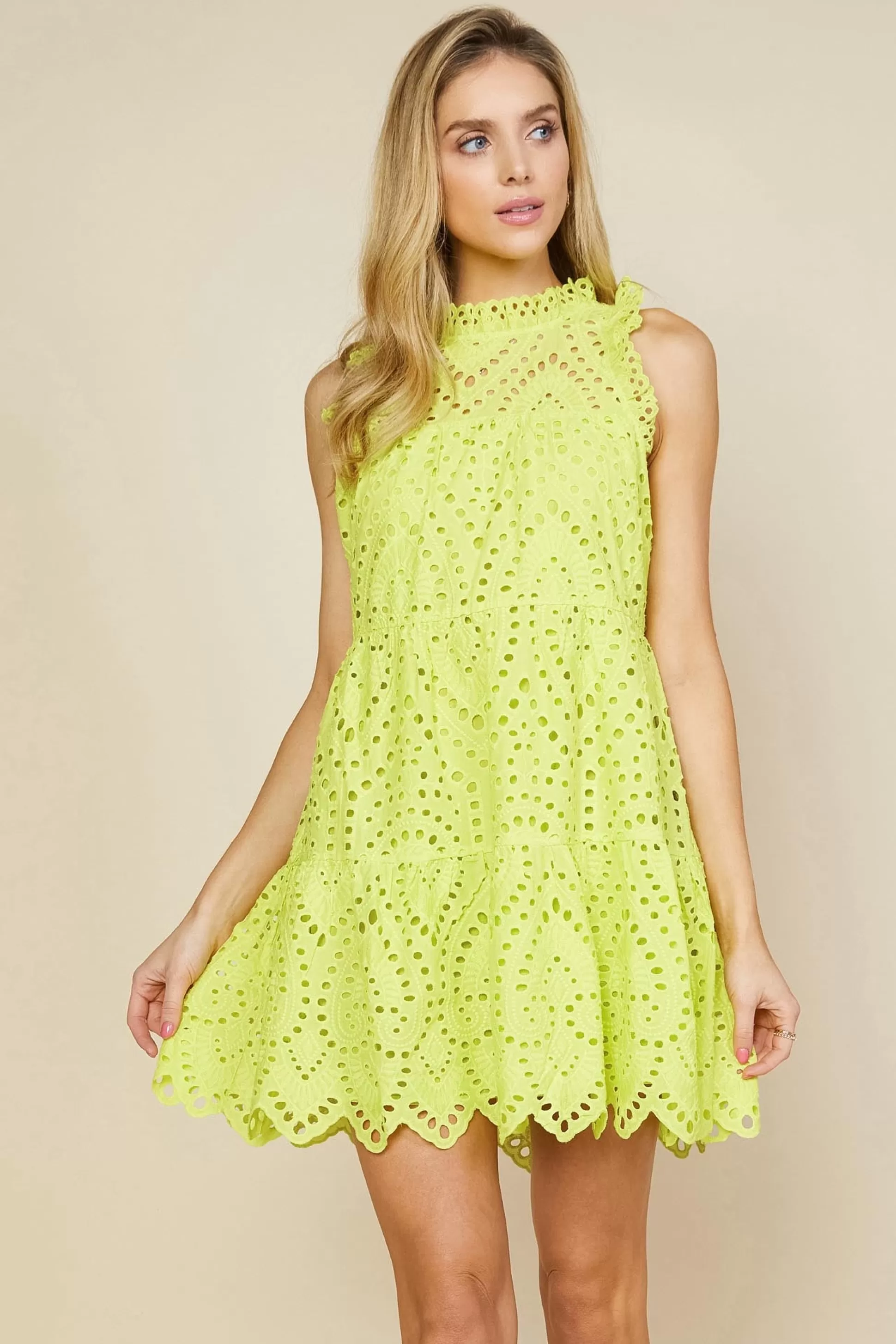 SKIES ARE BLUE Mini Dresses>Eyelet Lace Mini Dress Limeyellow