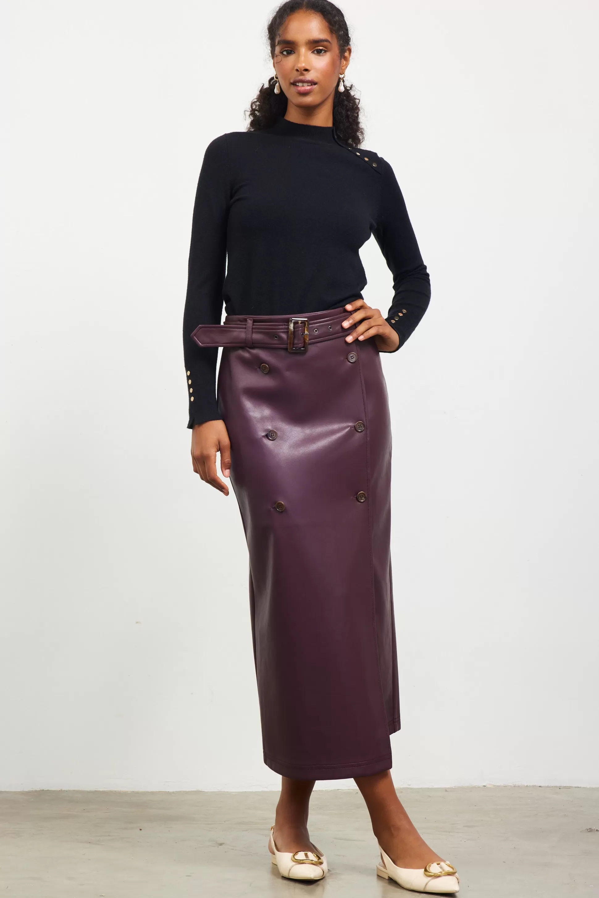 SKIES ARE BLUE Skirts>Faux Leather Belted Midi Skirt Plum