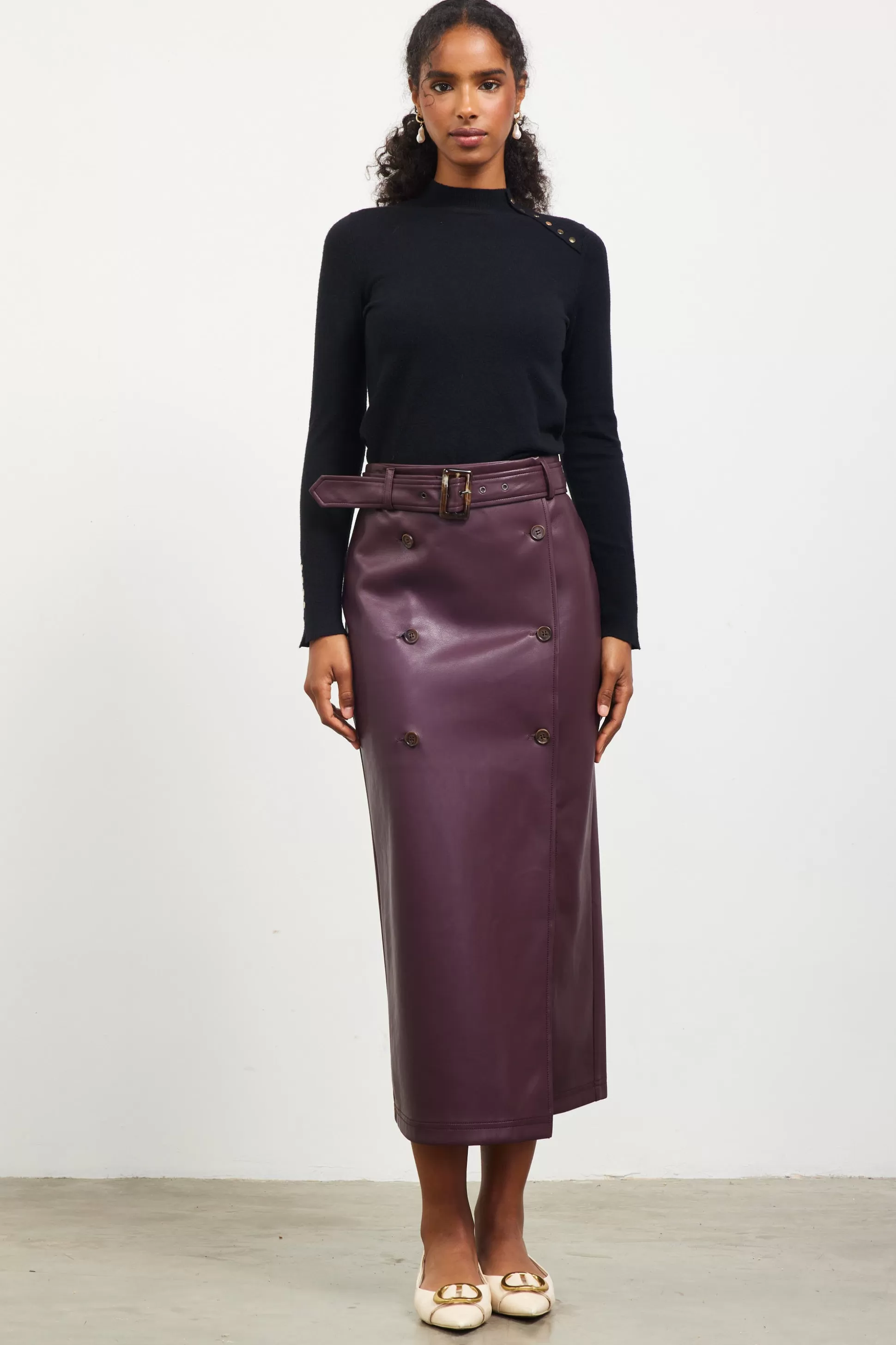 SKIES ARE BLUE Skirts>Faux Leather Belted Midi Skirt Plum