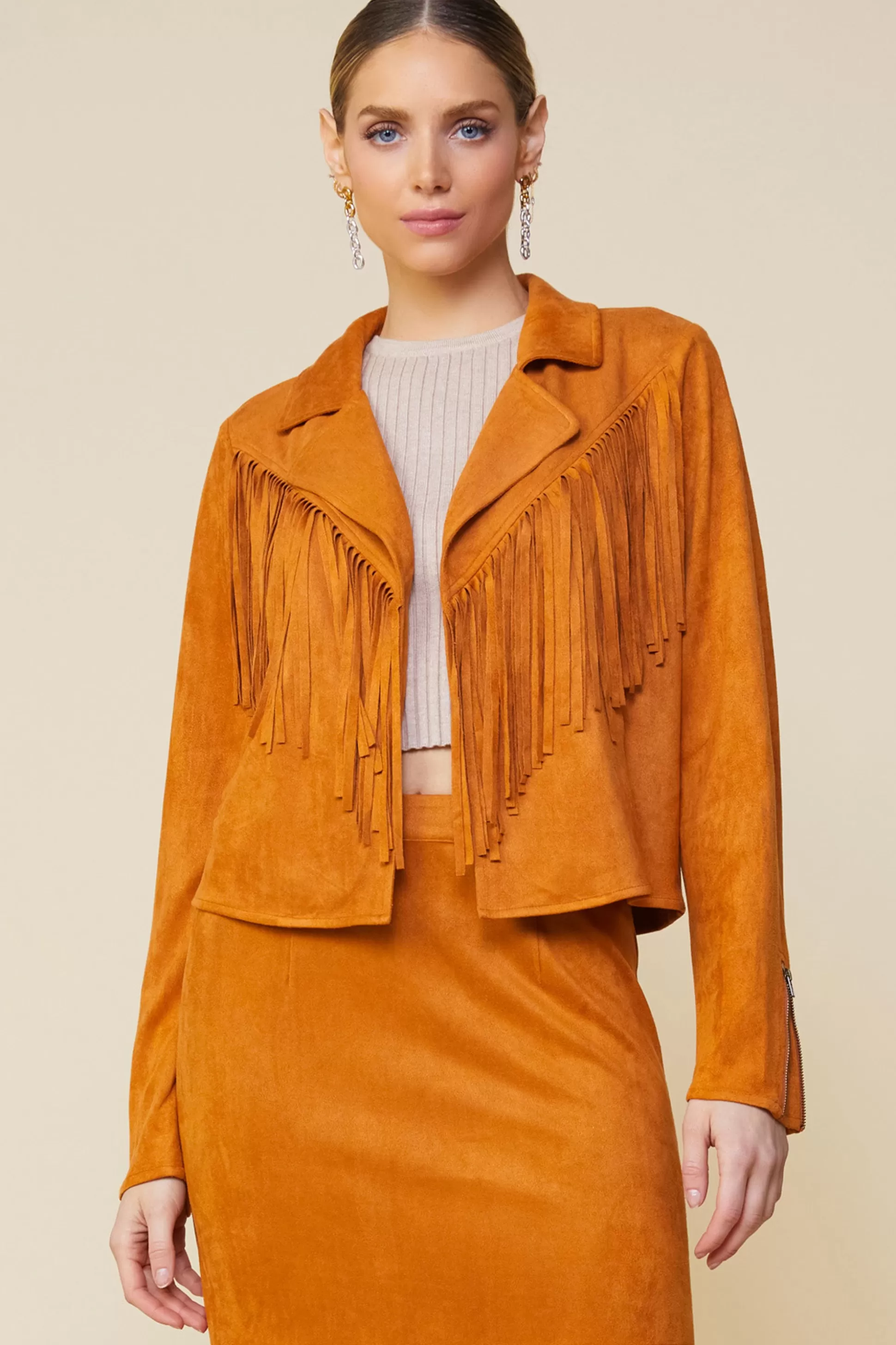 SKIES ARE BLUE Outerwear>Faux Leather Fringe Jacket Camel