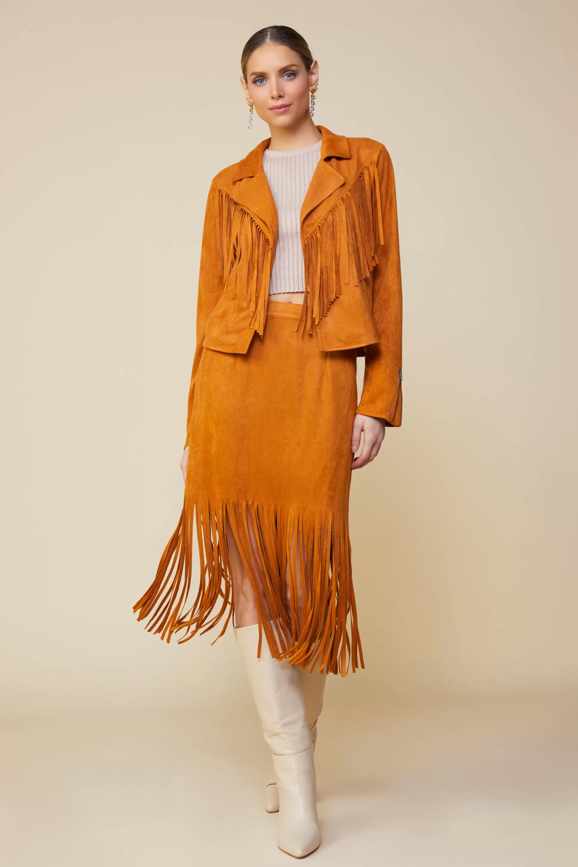 SKIES ARE BLUE Outerwear>Faux Leather Fringe Jacket Camel