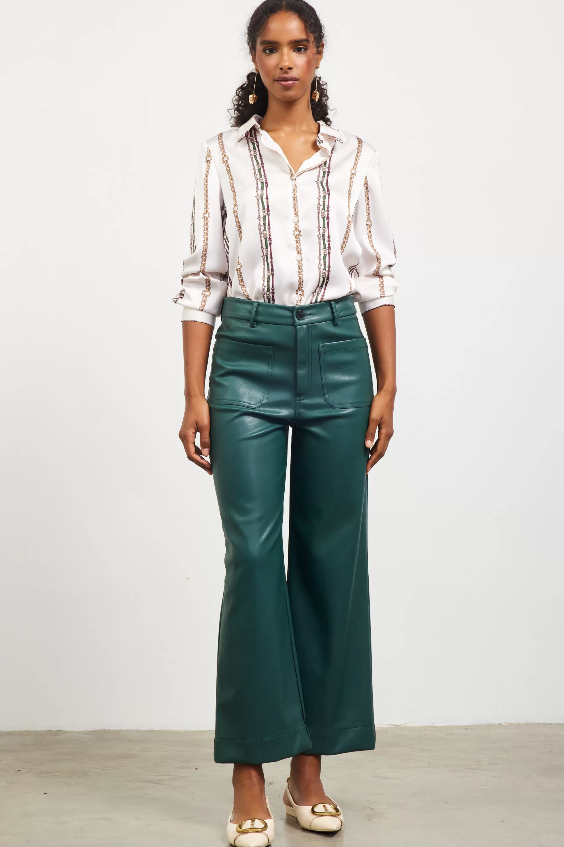 SKIES ARE BLUE Pants>Faux Leather Wide Leg Pants Astrogreen