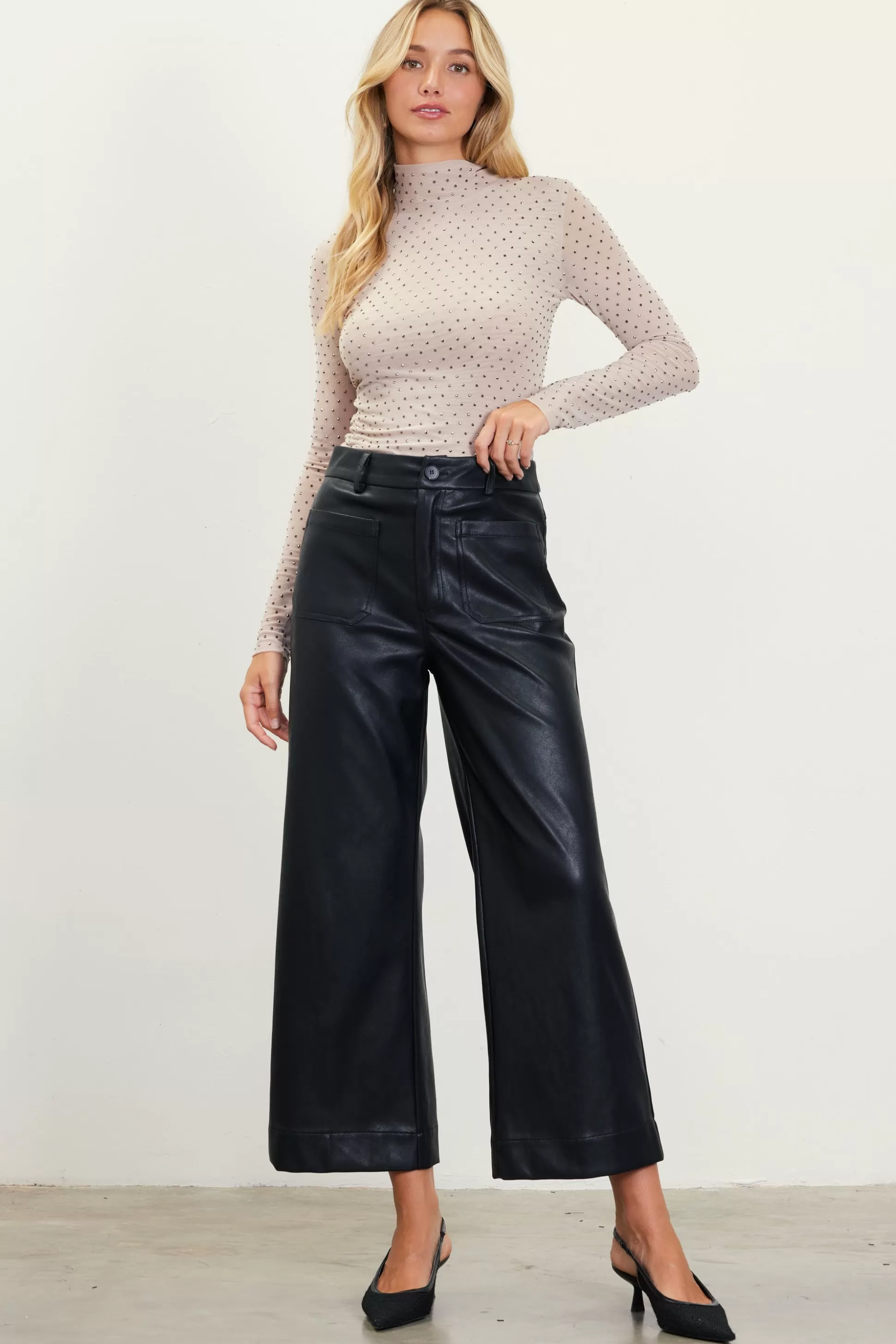 SKIES ARE BLUE Pants>Faux Leather Wide Leg Pants Black