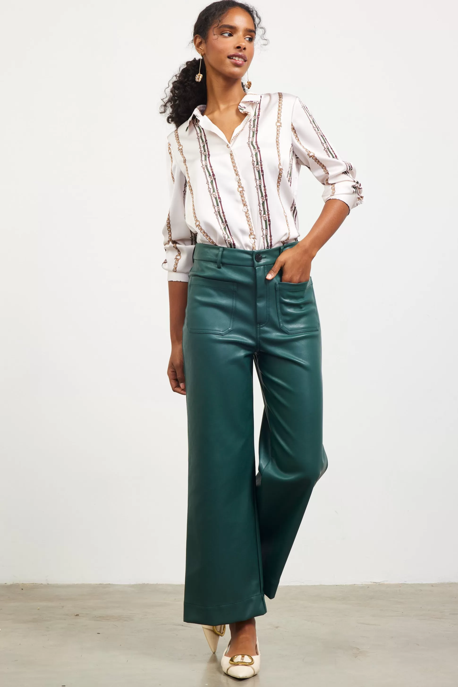 SKIES ARE BLUE Pants>Faux Leather Wide Leg Pants Astrogreen