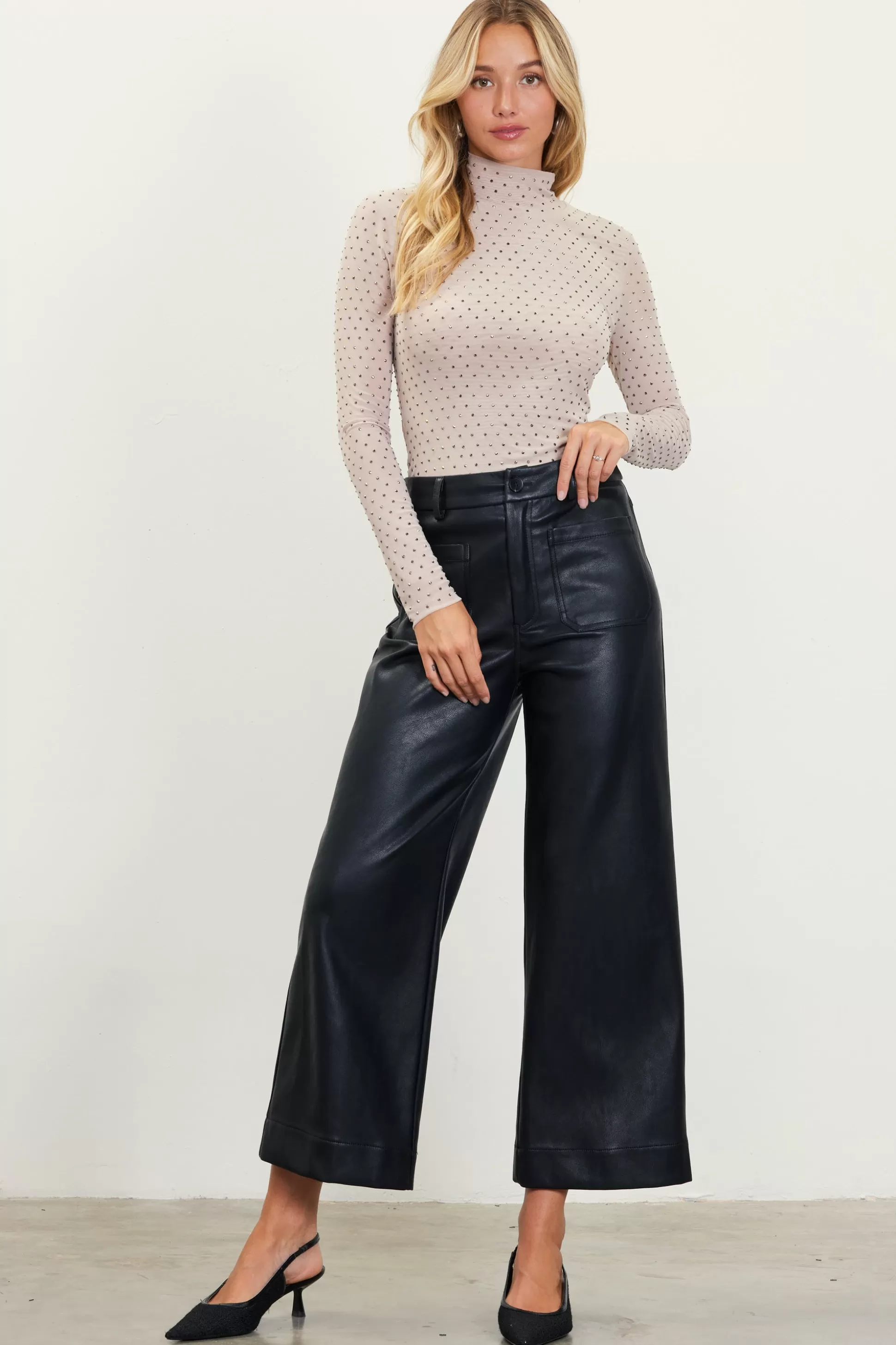 SKIES ARE BLUE Pants>Faux Leather Wide Leg Pants Black