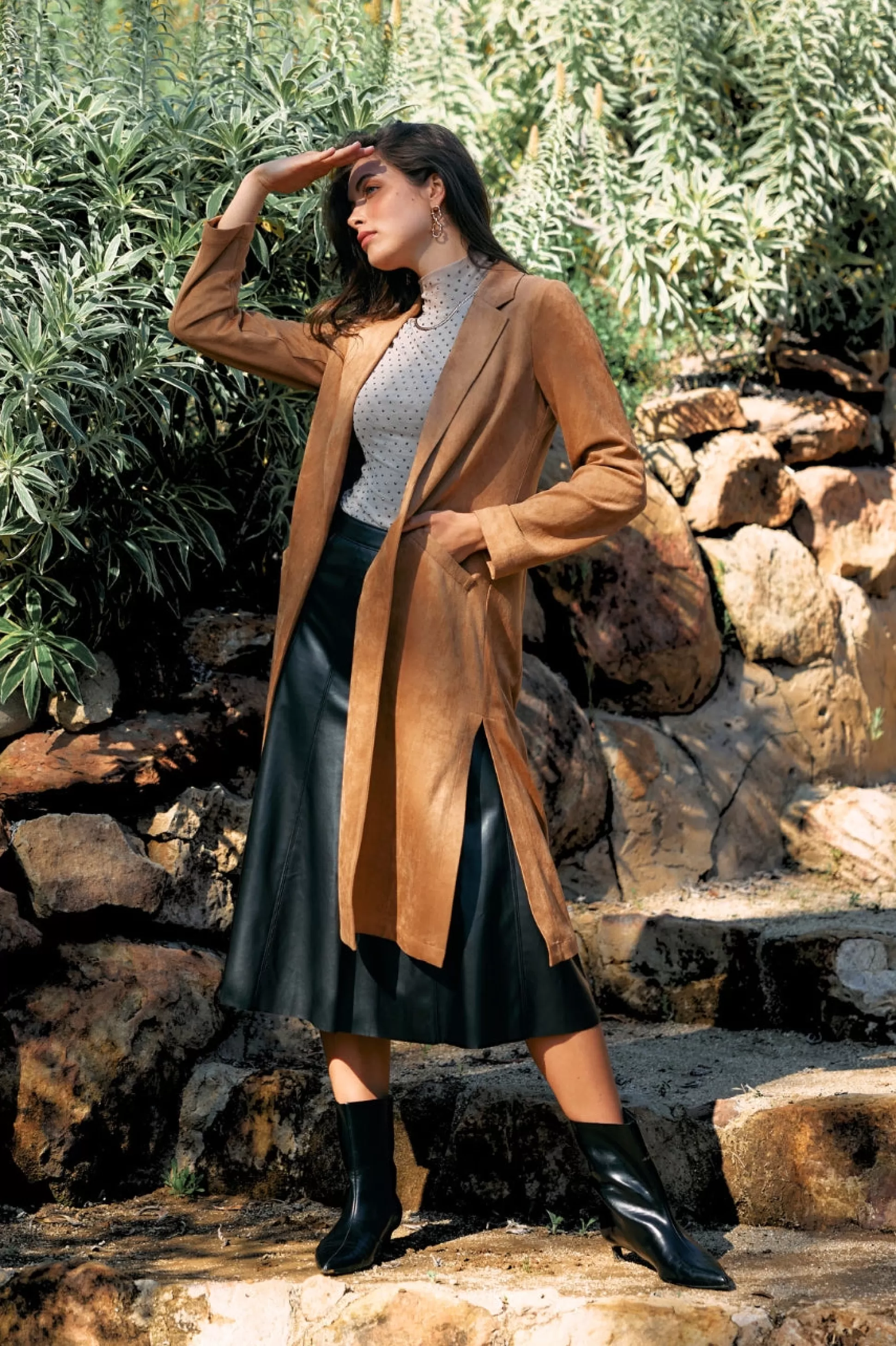 SKIES ARE BLUE Outerwear>Faux Suede Duster Coat Camel