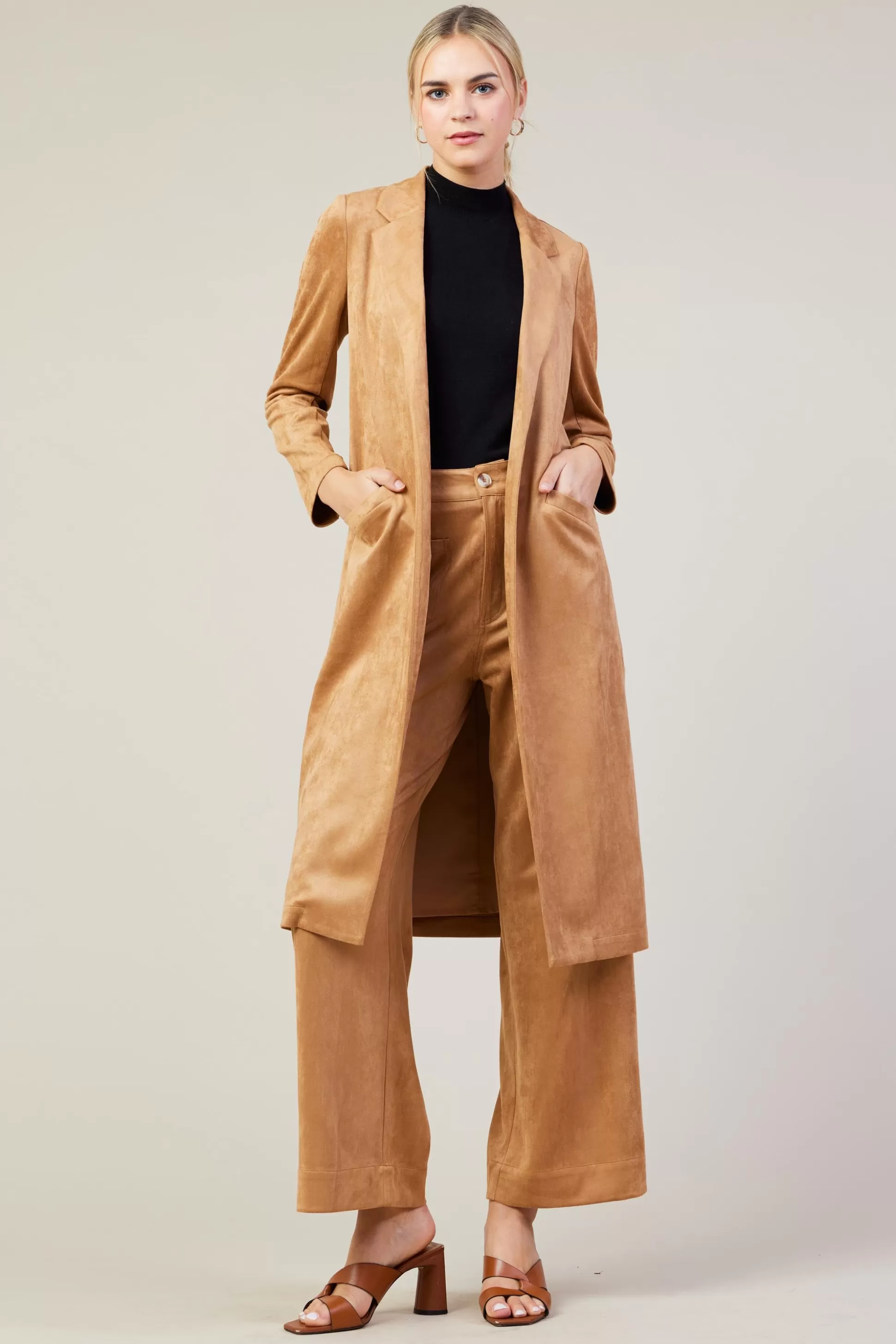 SKIES ARE BLUE Outerwear>Faux Suede Duster Coat Camel