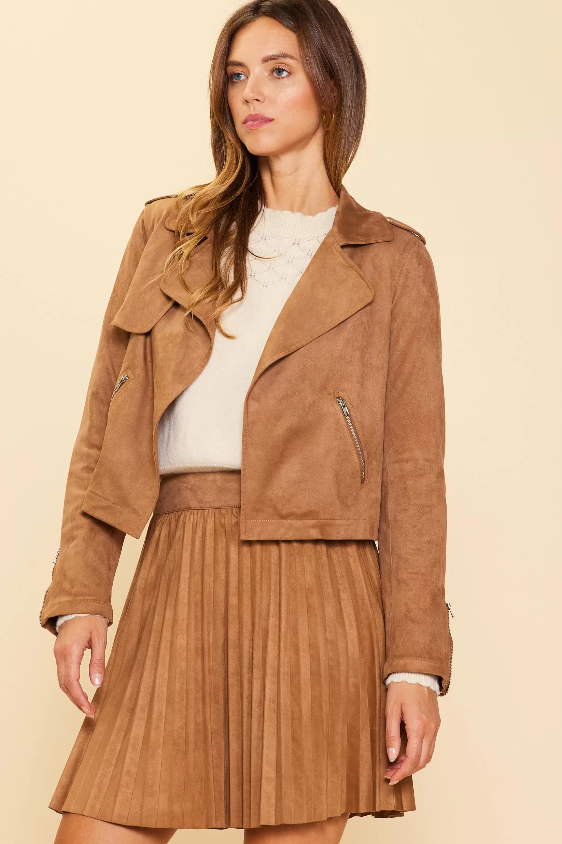 SKIES ARE BLUE Outerwear>Faux Suede Moto Jacket Brown-ivory