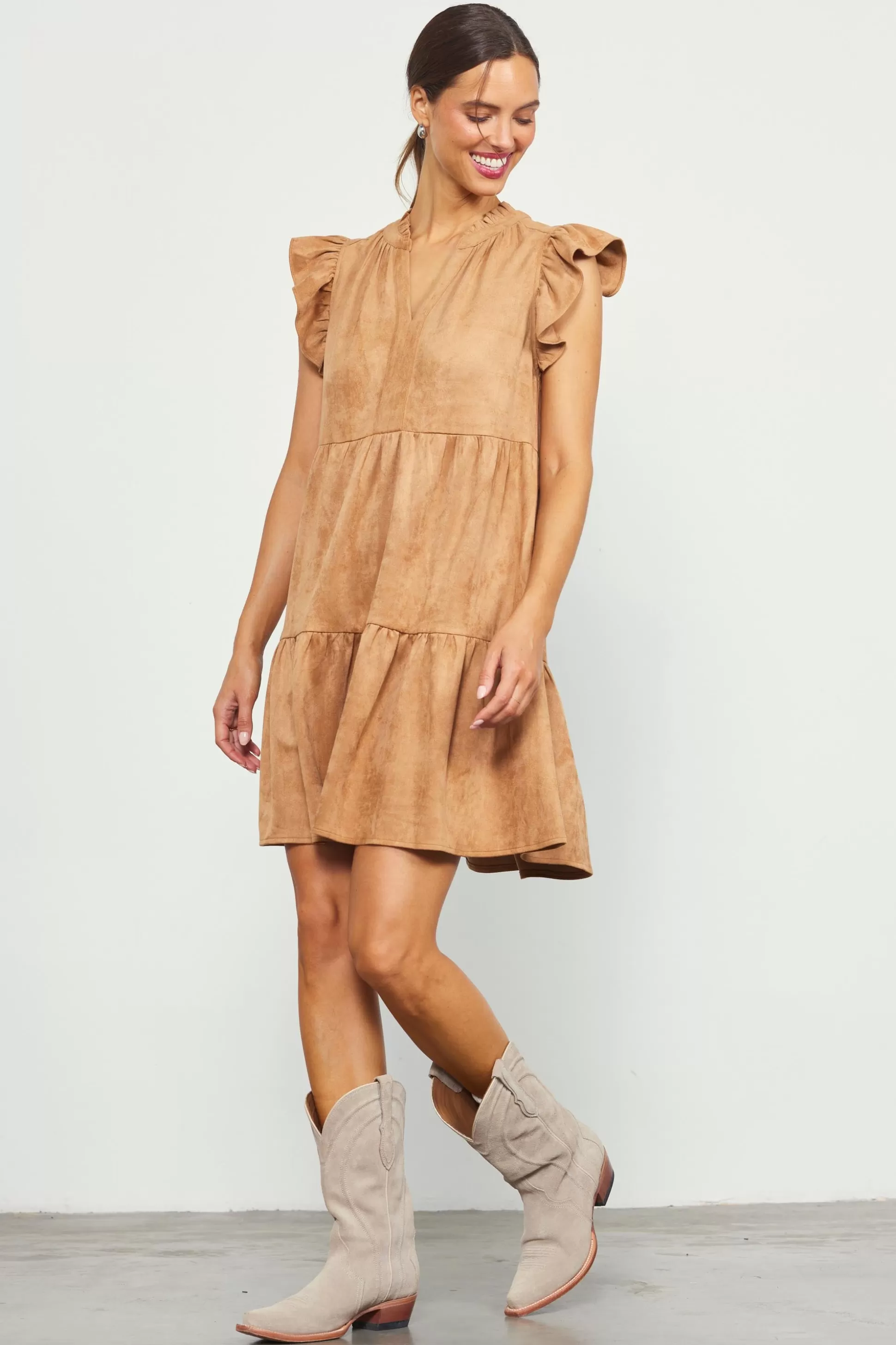 SKIES ARE BLUE Mini Dresses>Faux Suede Tiered Mini Dress Camel