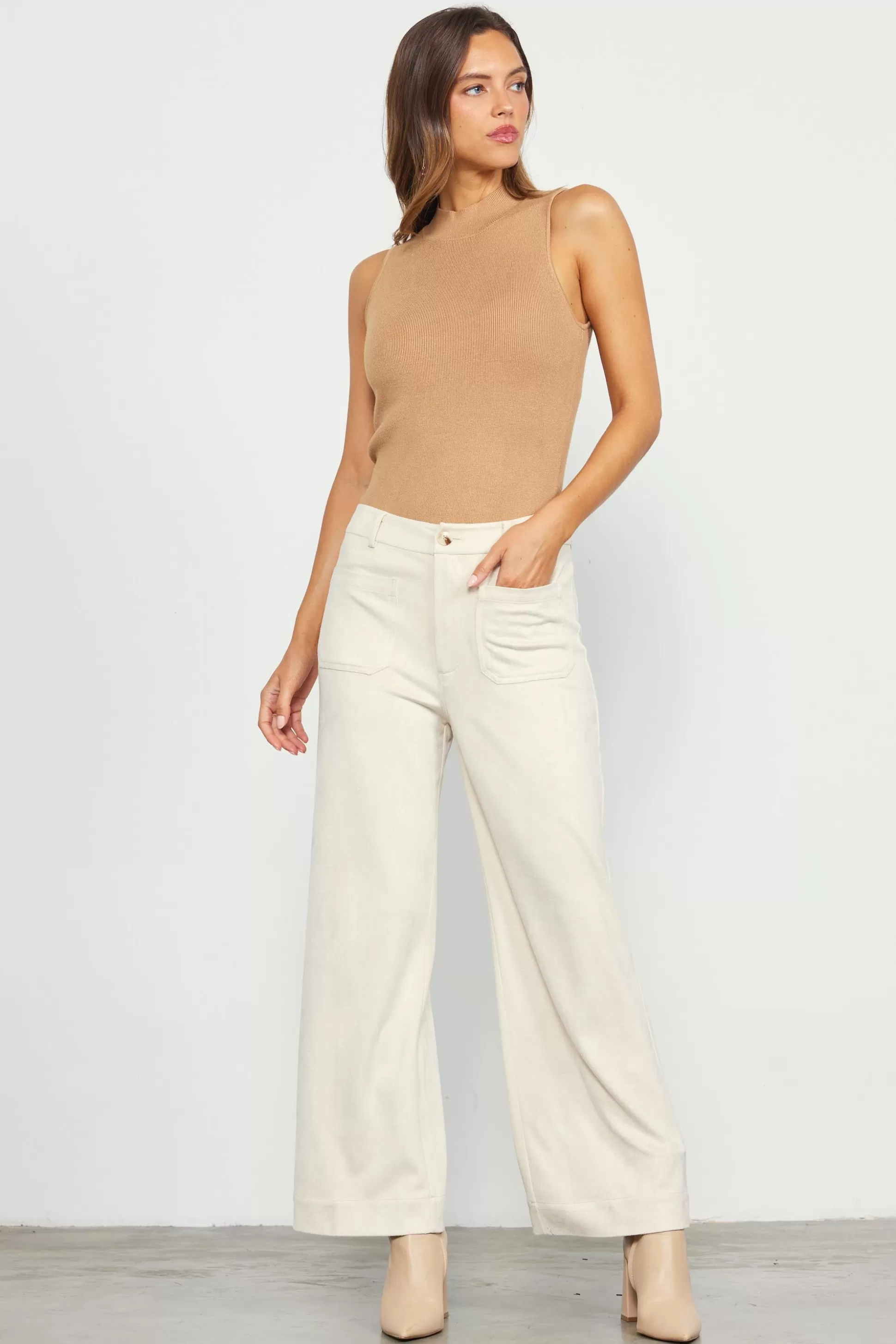 SKIES ARE BLUE Pants>Faux Suede Wide Leg Pant Cream