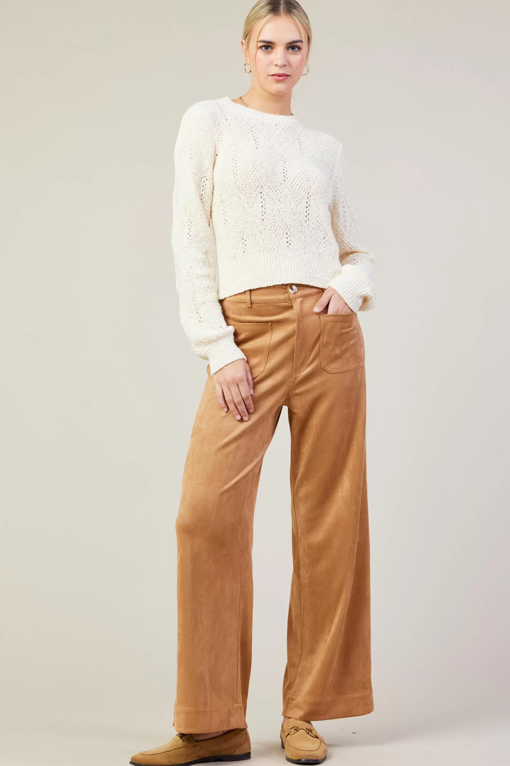 SKIES ARE BLUE Pants>Faux Suede Wide Leg Pant Camel