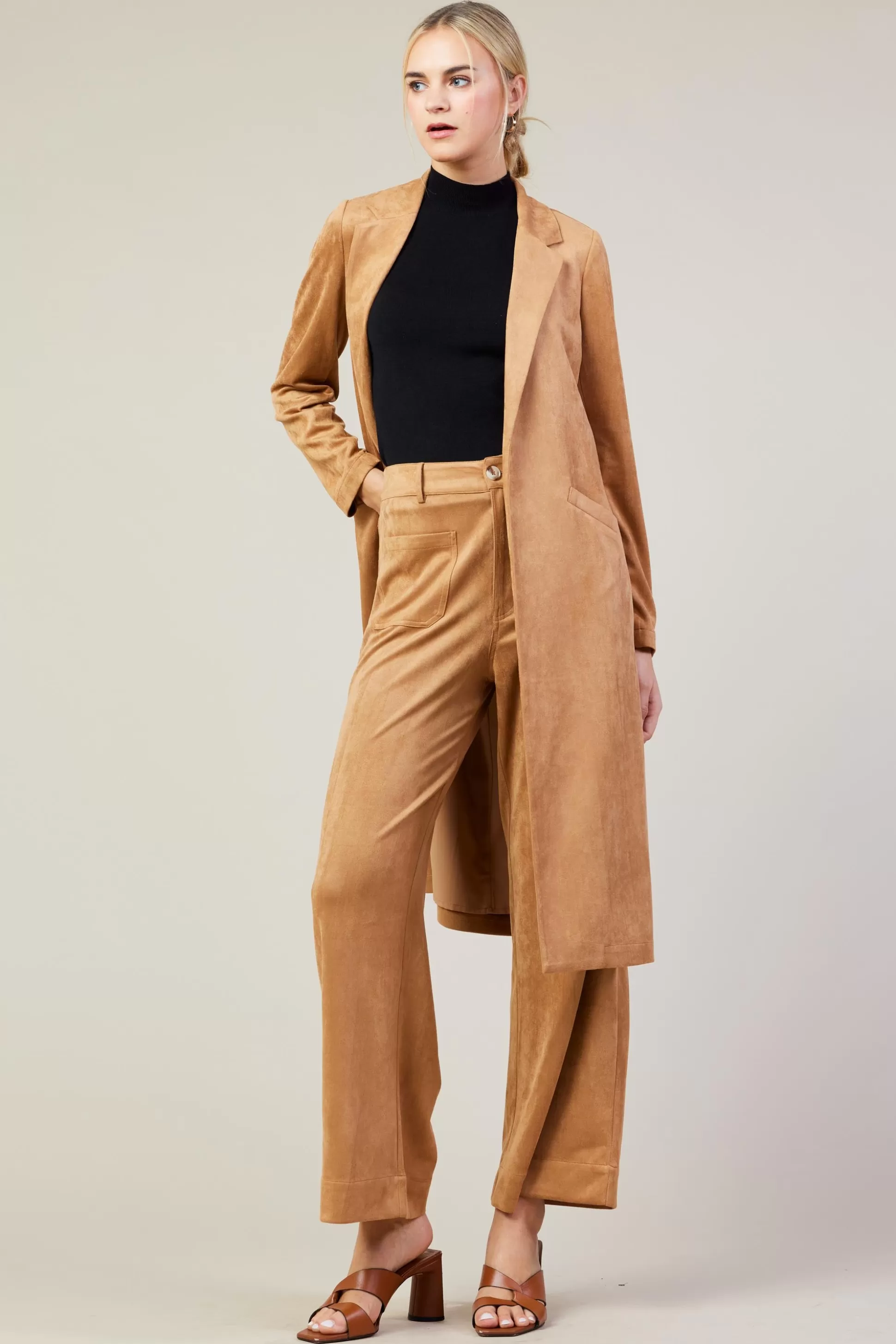 SKIES ARE BLUE Pants>Faux Suede Wide Leg Pant Camel