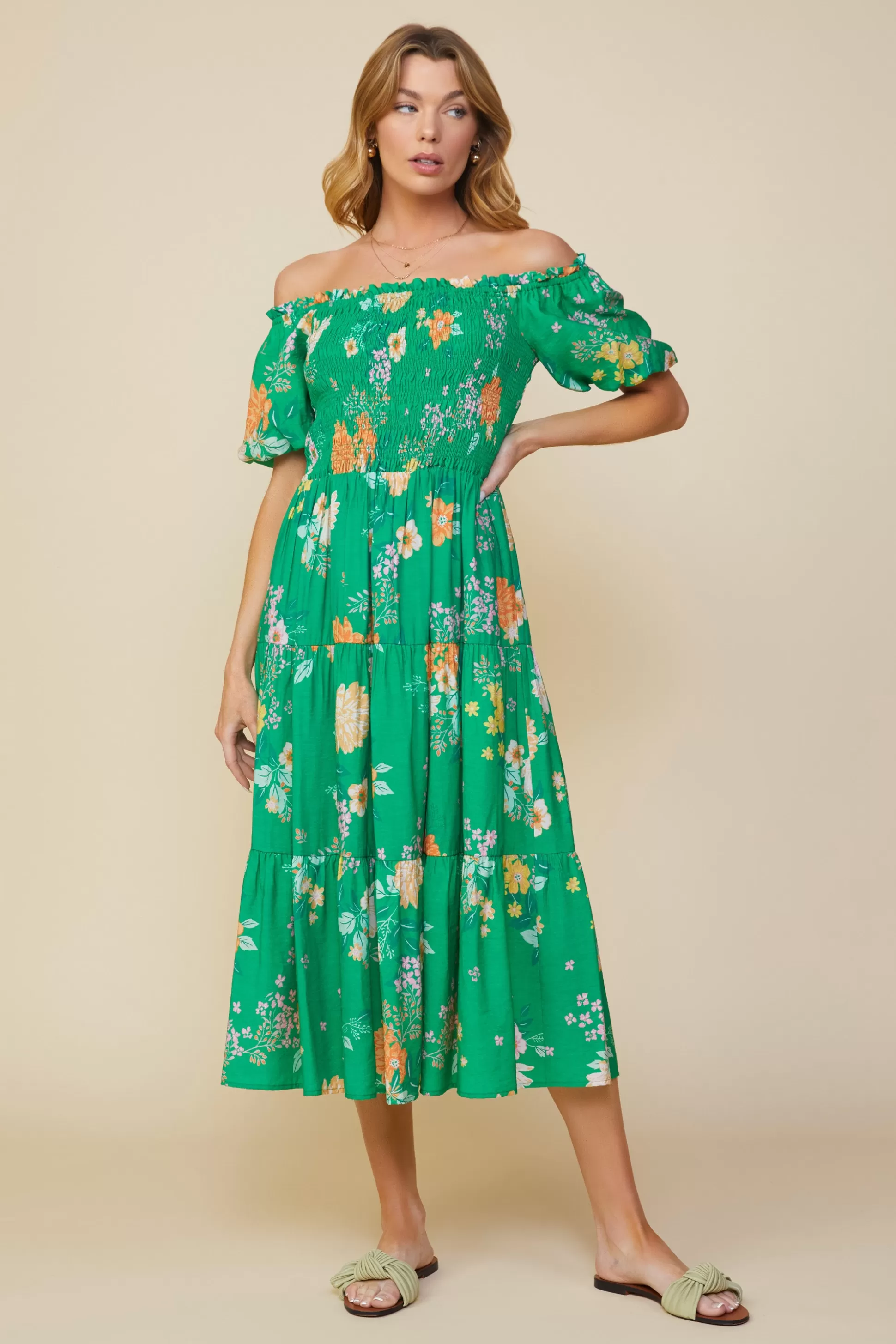 SKIES ARE BLUE Midi Dresses>Fleur Print Off Shoulder Midi Dress Kelly-green