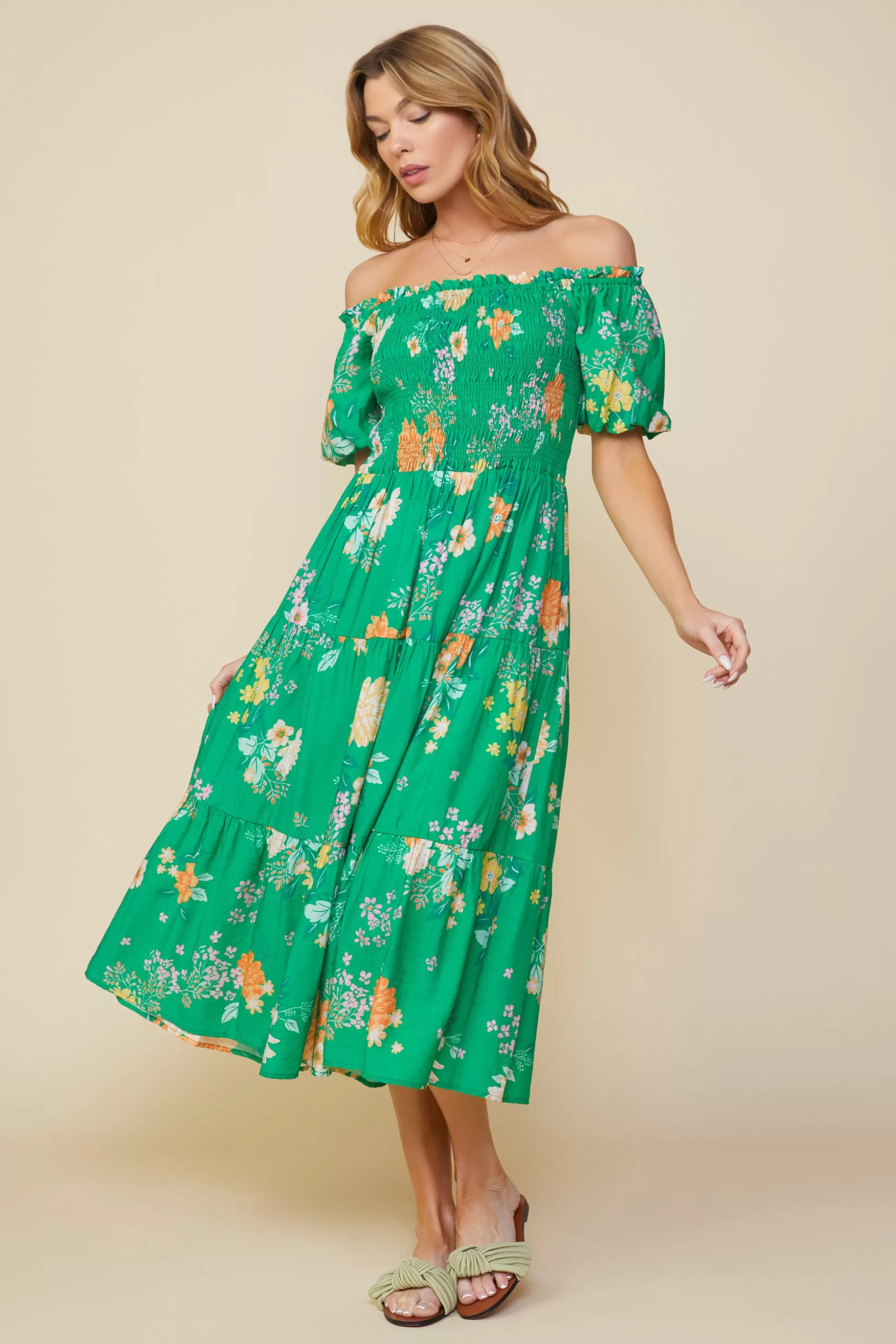 SKIES ARE BLUE Midi Dresses>Fleur Print Off Shoulder Midi Dress Kelly-green