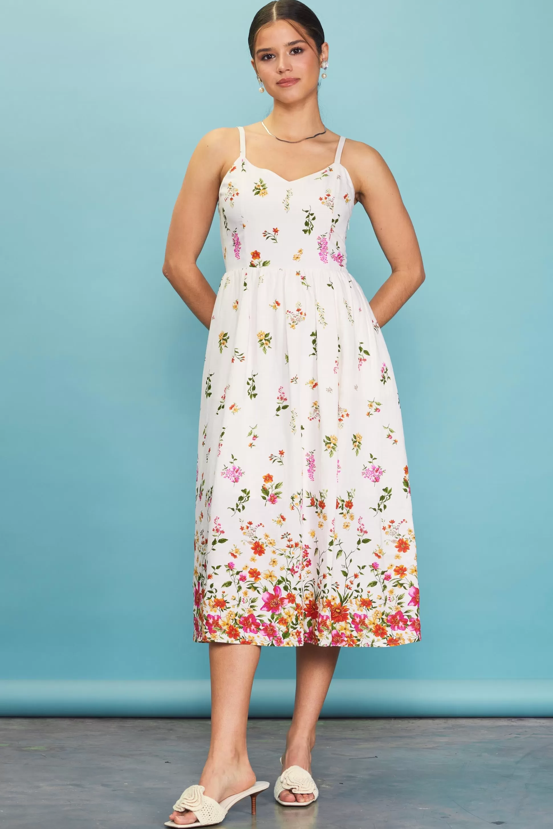 SKIES ARE BLUE Midi Dresses>Floral Motif Print Midi Dress Ivory-red